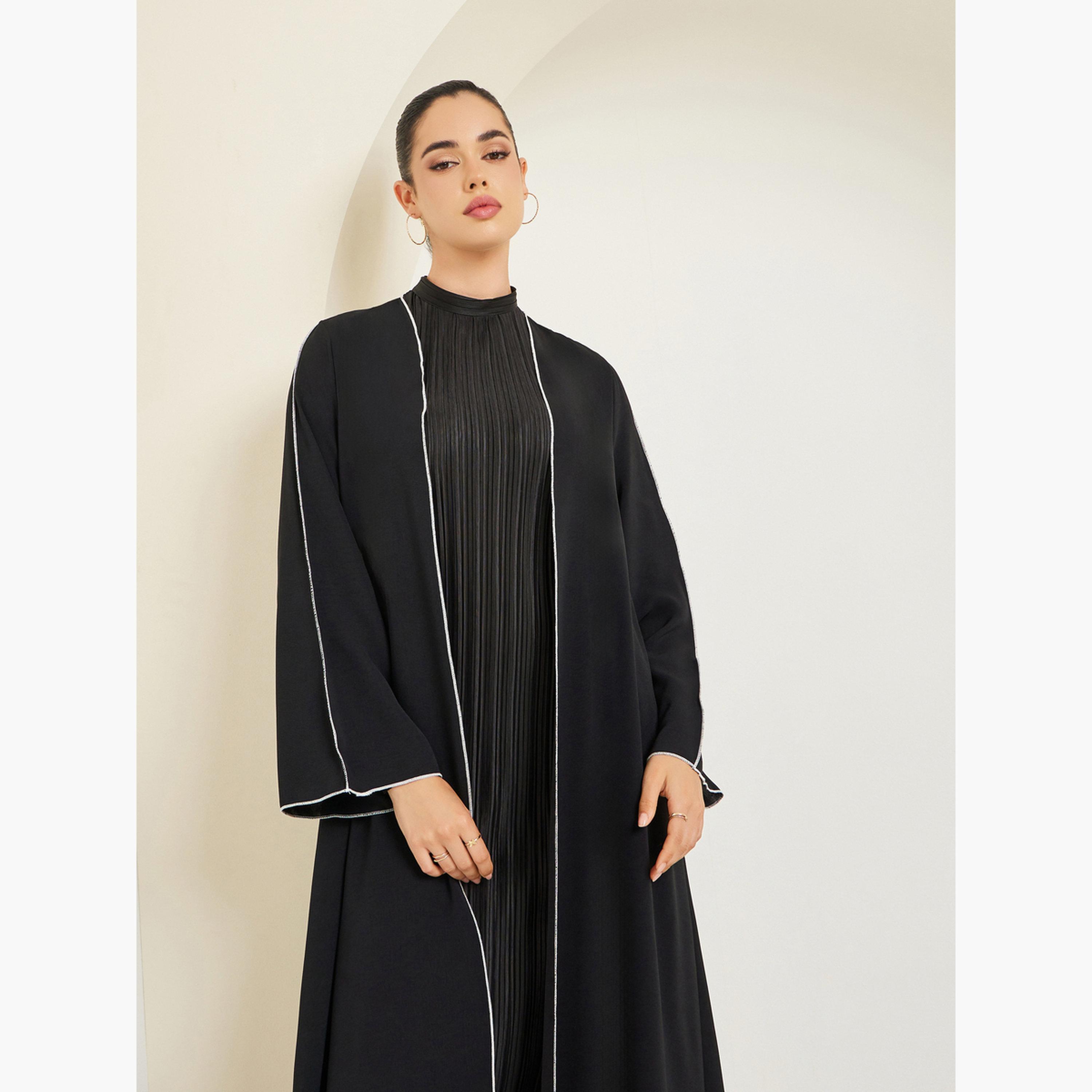 Styli Women Black Front Open Abaya with Contrast Piping-women-arabicclothing-abayas-image-2
