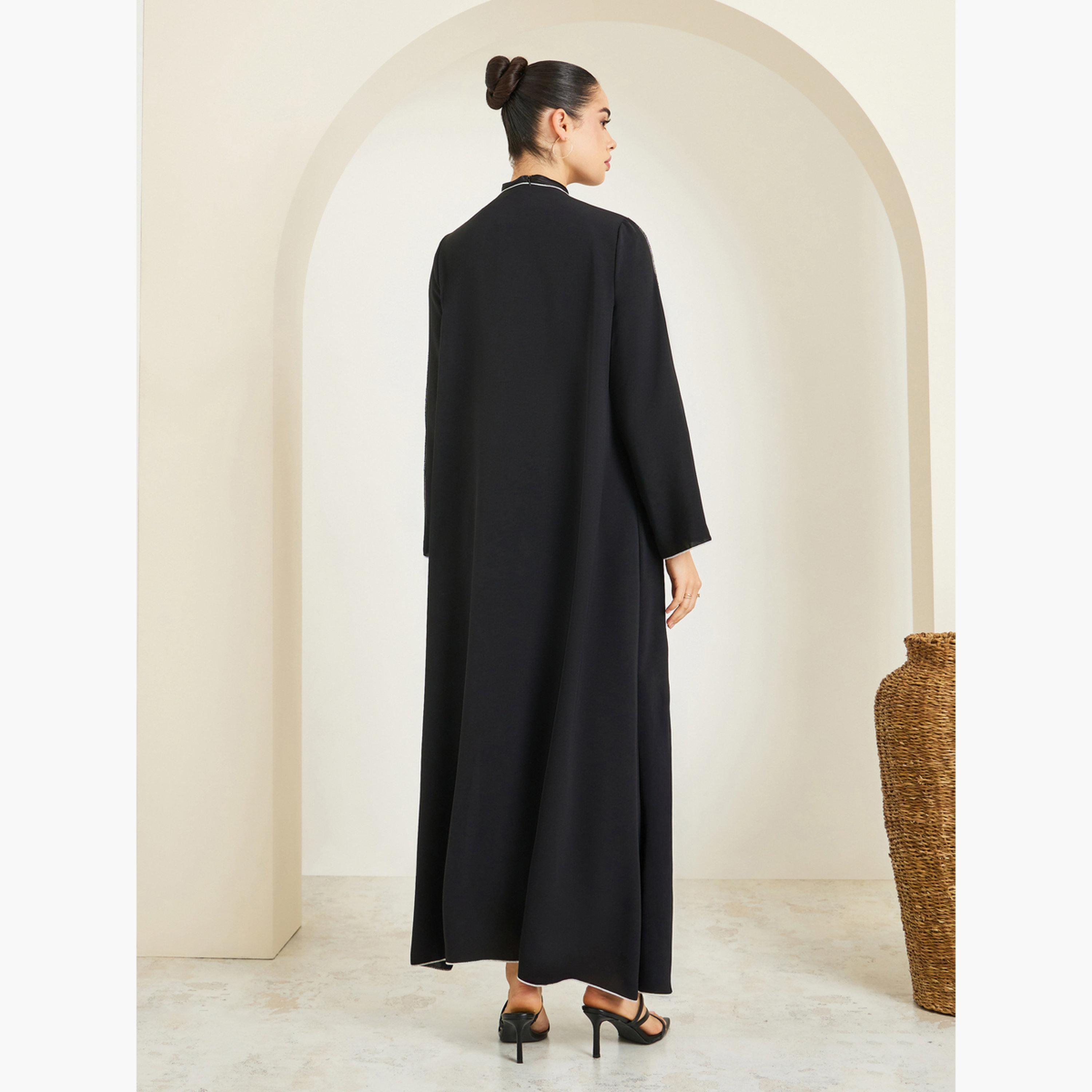Styli Women Black Front Open Abaya with Contrast Piping-women-arabicclothing-abayas-image-4