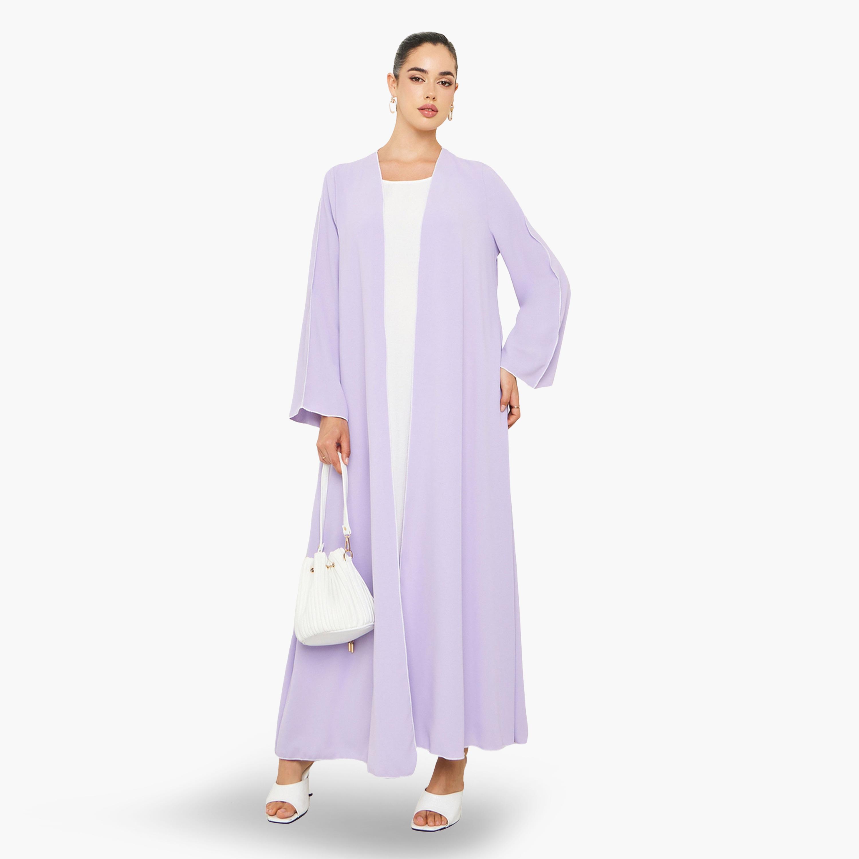 عباية مفتوحة من الأمام بتفاصيل بارزة متباينة-women-arabicclothing-abayas-image-1
