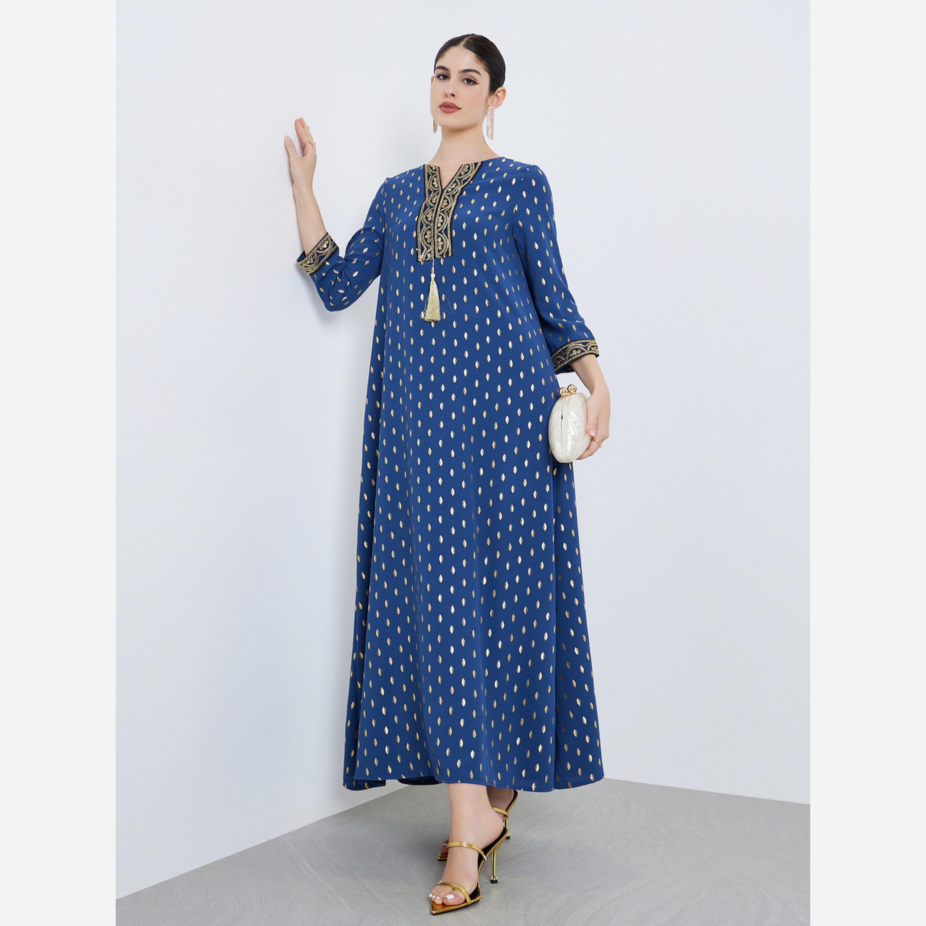 Styli Jalabiya with lace trim at neck and sleeve along with tassel trim-women-arabicclothing-jalabiyas-image-1