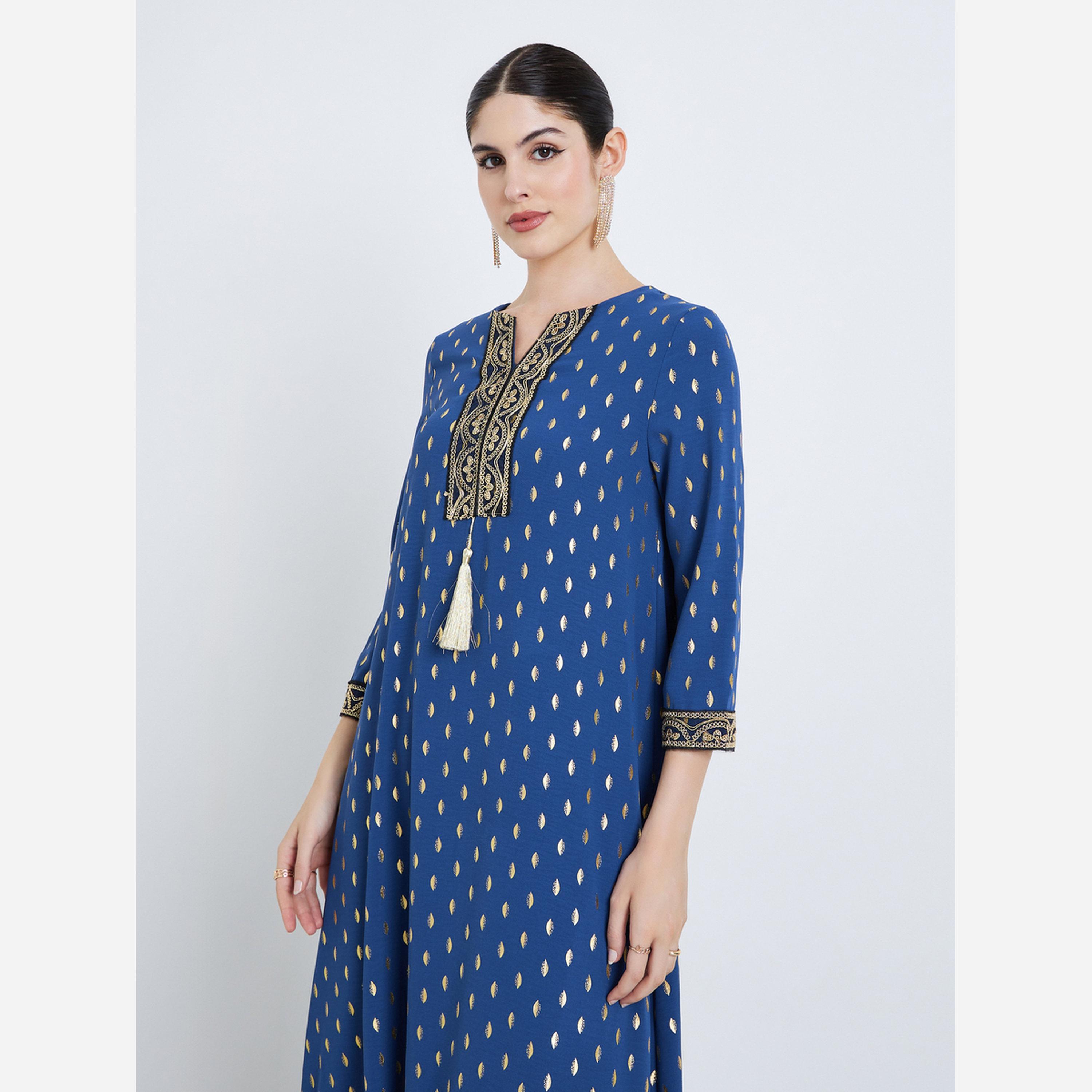 Styli Jalabiya with lace trim at neck and sleeve along with tassel trim-women-arabicclothing-jalabiyas-image-4