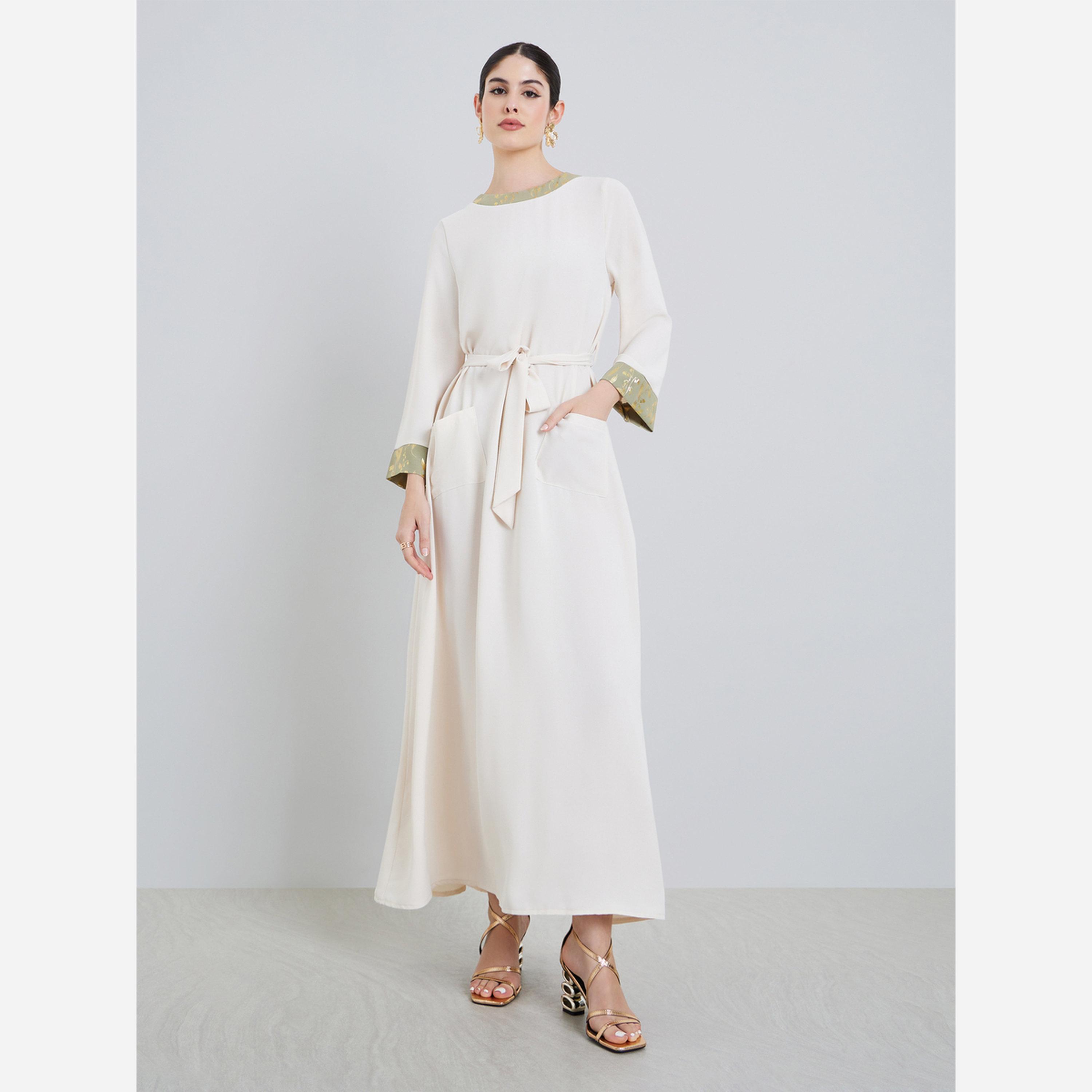 ستايلي - جلابية طبعة فويل على الرقبة والجيب وحافة الكم-women-arabicclothing-jalabiyas-image-1