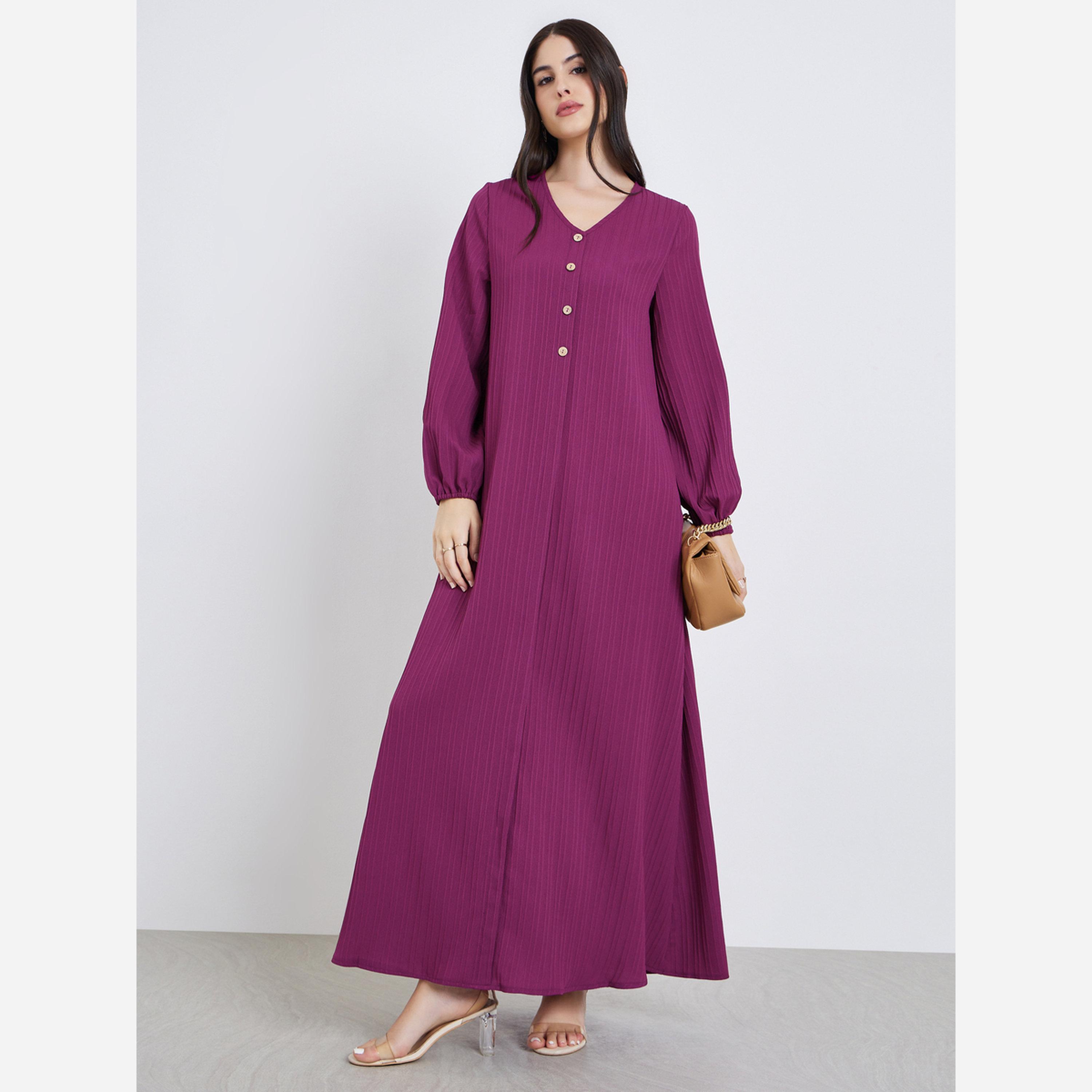 أميرة x ستايلي جلابية طويلة بأزرار وتفاصيل بارزة الملمس-women-arabicclothing-jalabiyas-image-1