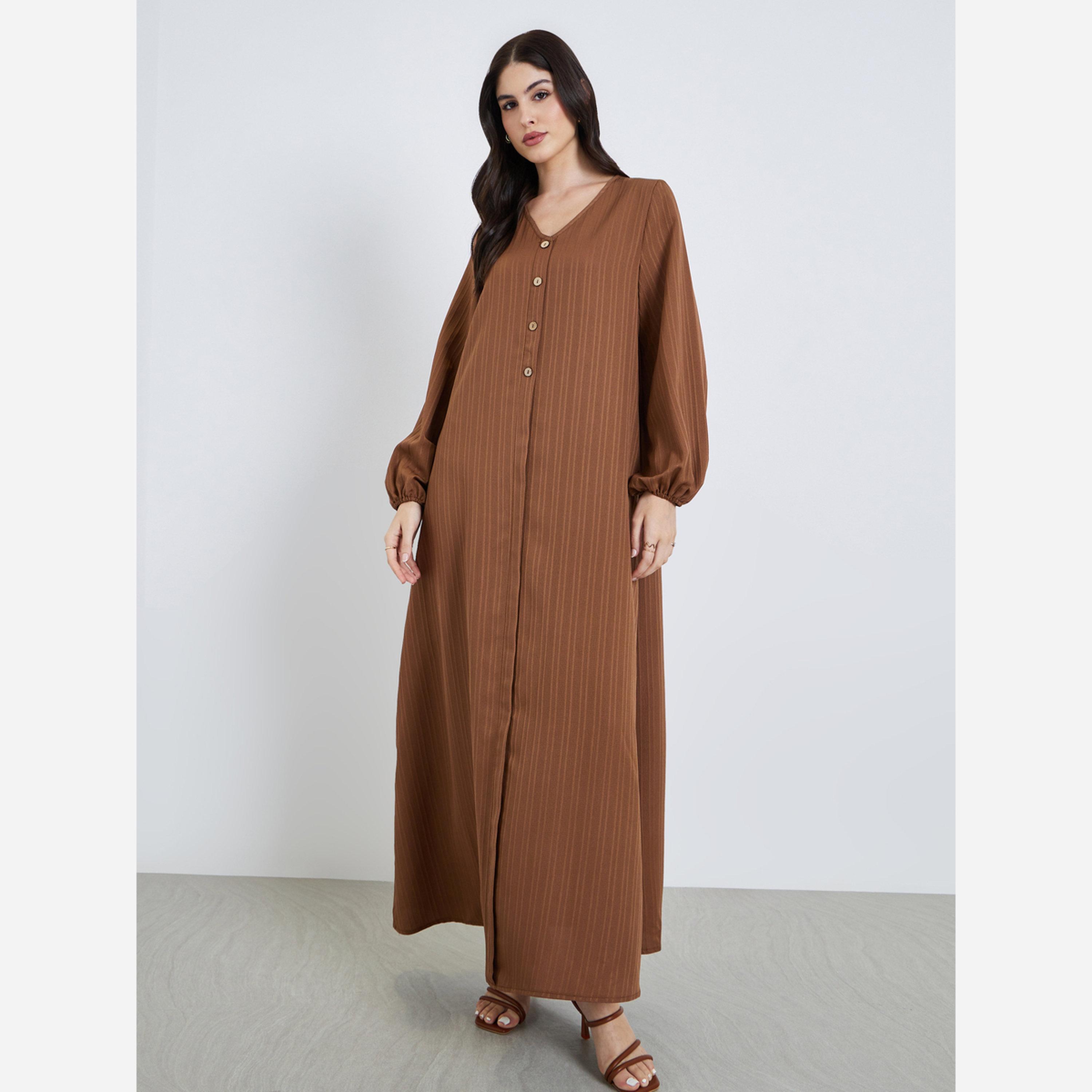 جلابية طويلة بأزرار وتفاصيل بارزة الملمس-women-arabicclothing-jalabiyas-image-2