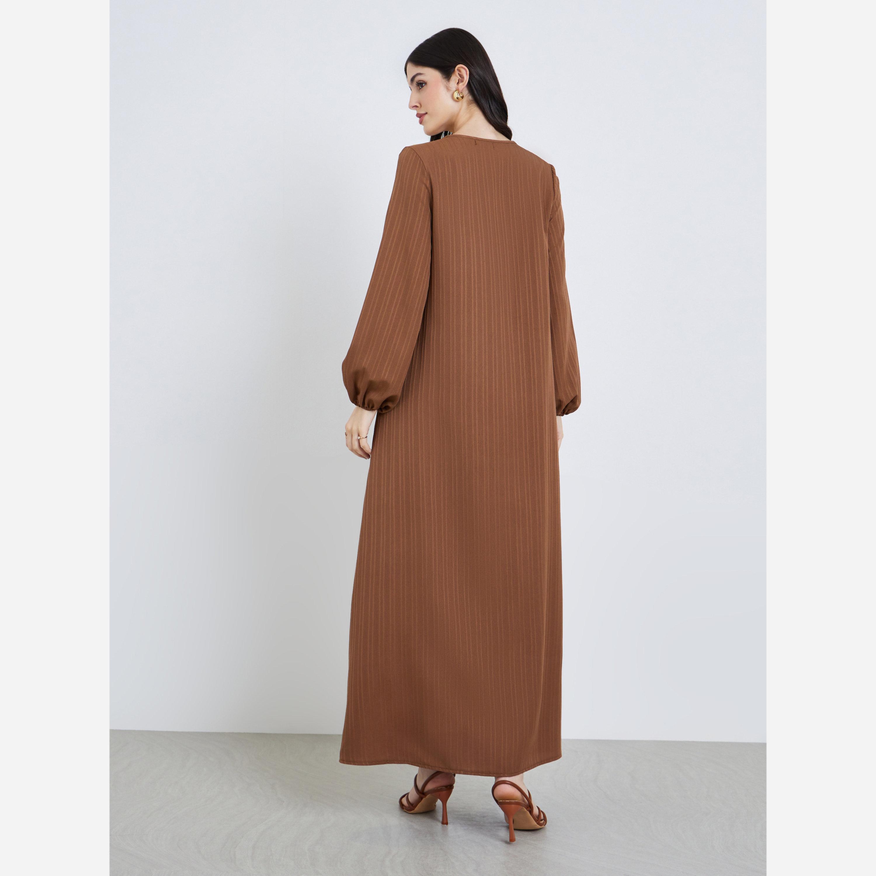 Styli Women Brown Textured Buttoned Maxi Jalabiya-women-arabicclothing-jalabiyas-image-3