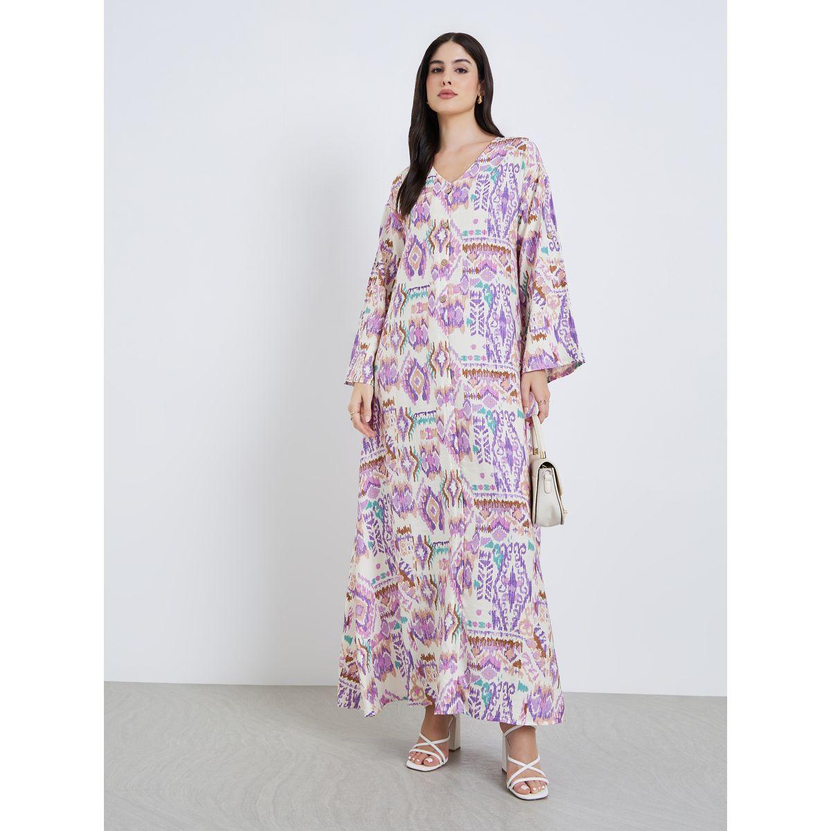 أميرة x ستايلي جلابية بحافة واسعة وأزرار بطبعة أزتيك-women-arabicclothing-jalabiyas-image-1