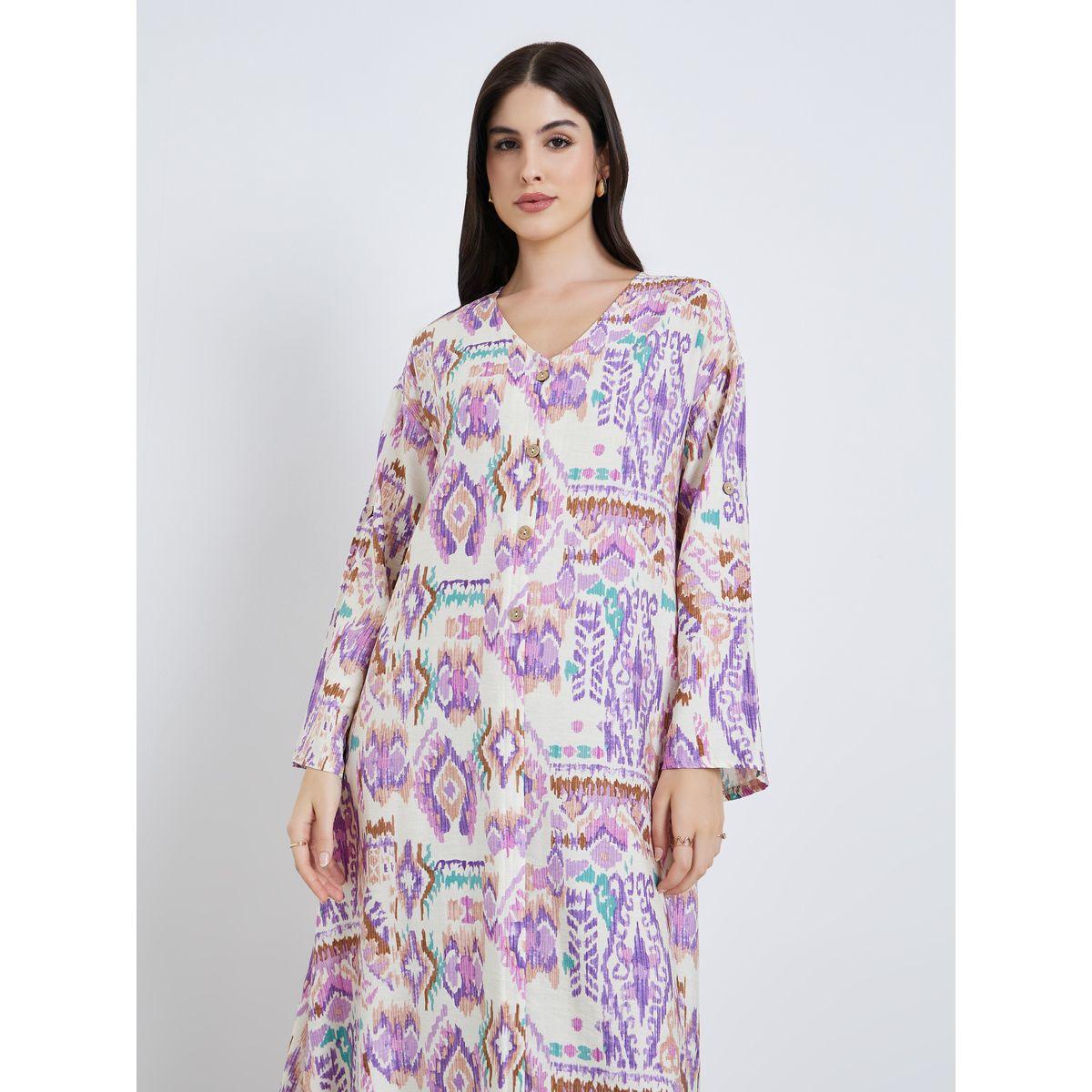 أميرة x ستايلي جلابية بحافة واسعة وأزرار بطبعة أزتيك-women-arabicclothing-jalabiyas-image-2