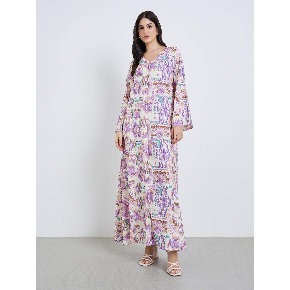 أميرة x ستايلي جلابية بحافة واسعة وأزرار بطبعة أزتيك-women-arabicclothing-jalabiyas-image-3