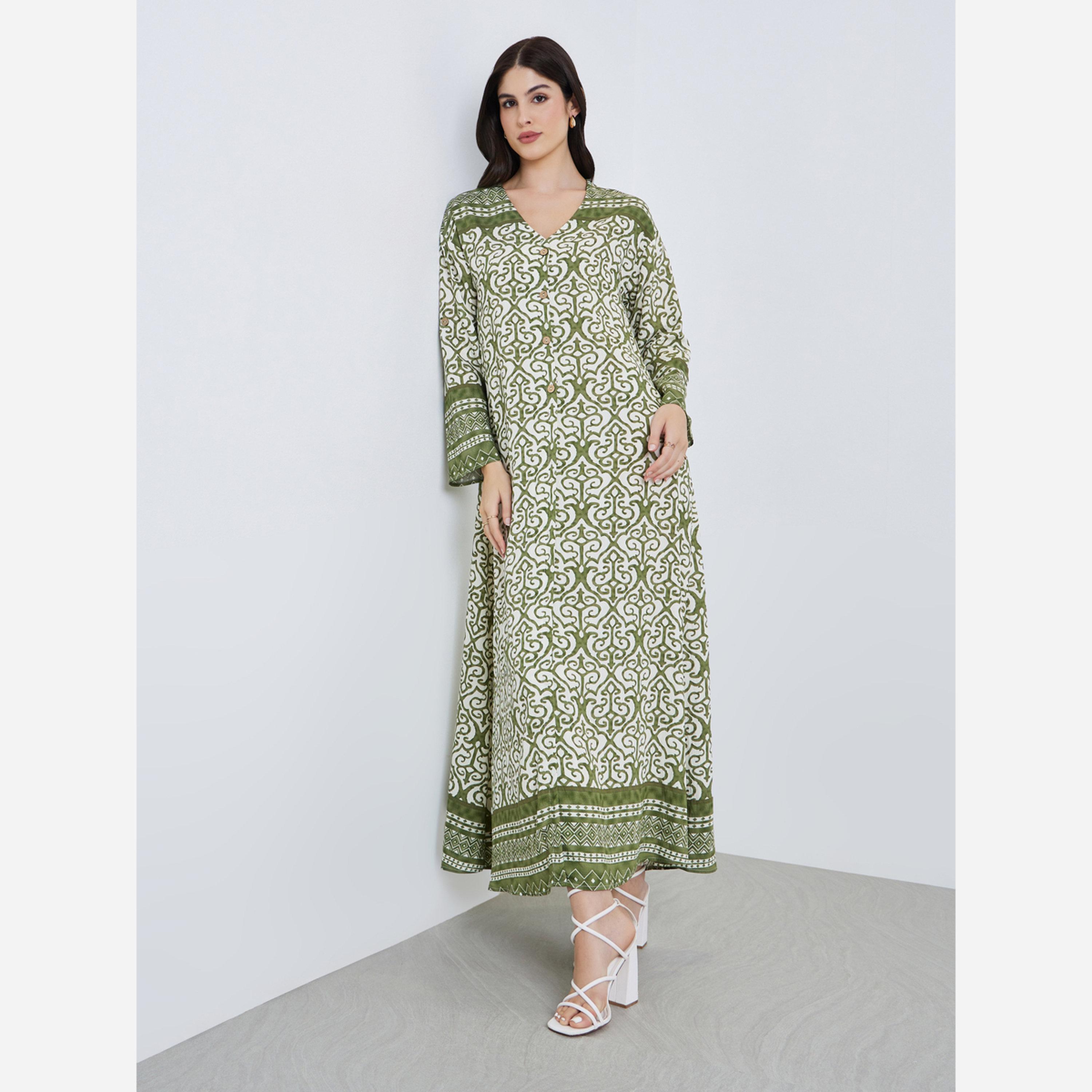 Styli Women Green Maxi Jalabiya with Border Print-women-arabicclothing-jalabiyas-image-1