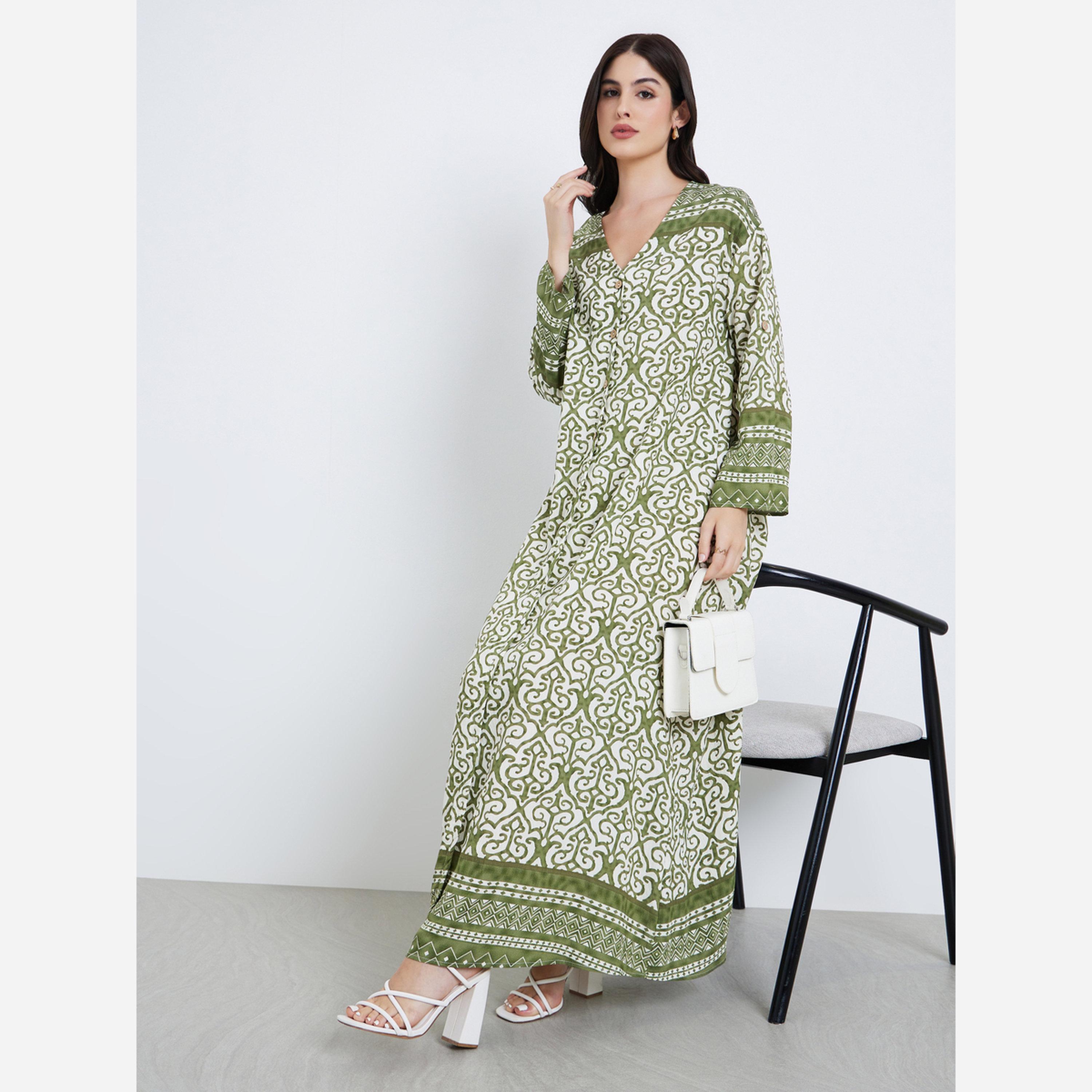Styli Women Green Maxi Jalabiya with Border Print-women-arabicclothing-jalabiyas-image-2