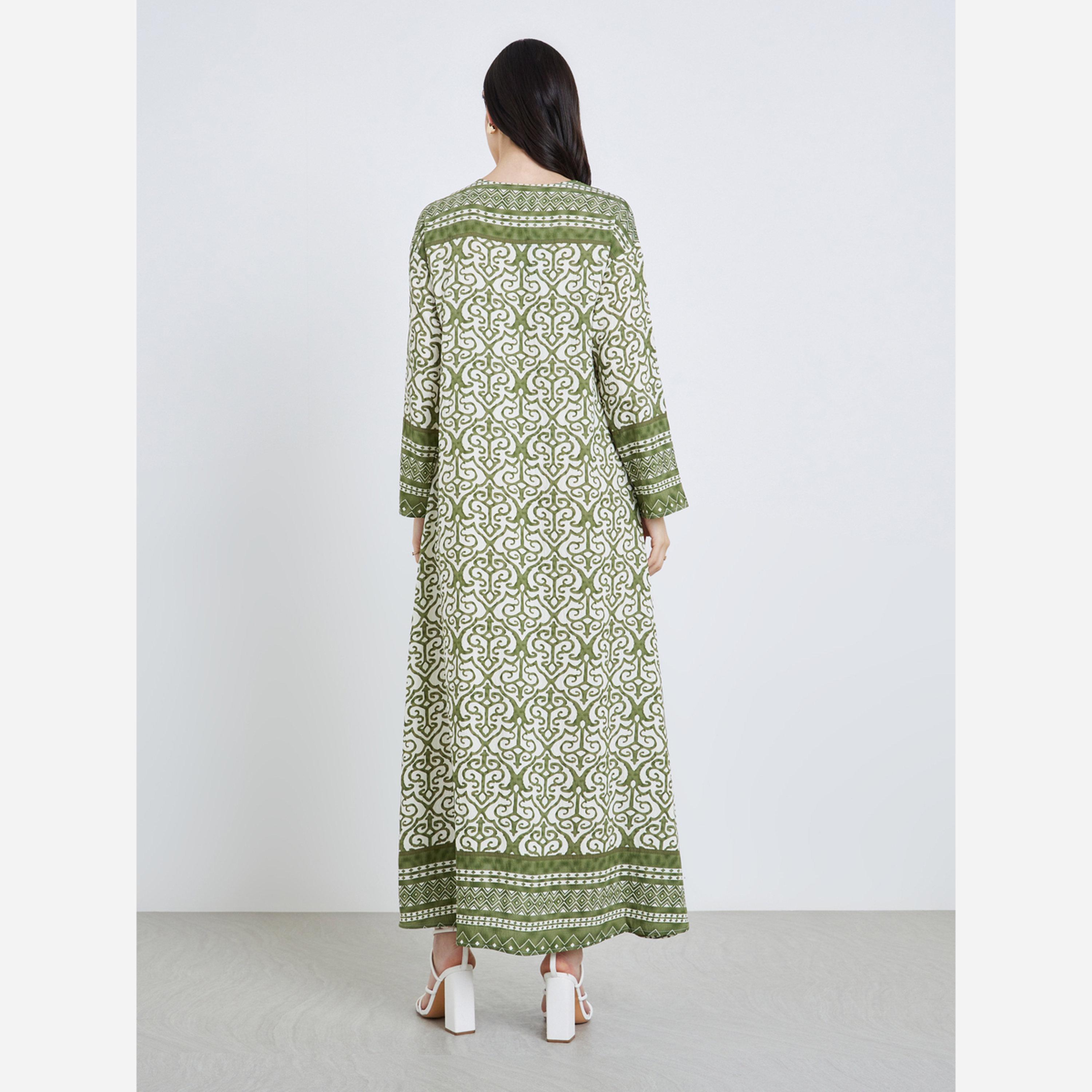 Styli Women Green Maxi Jalabiya with Border Print-women-arabicclothing-jalabiyas-image-3