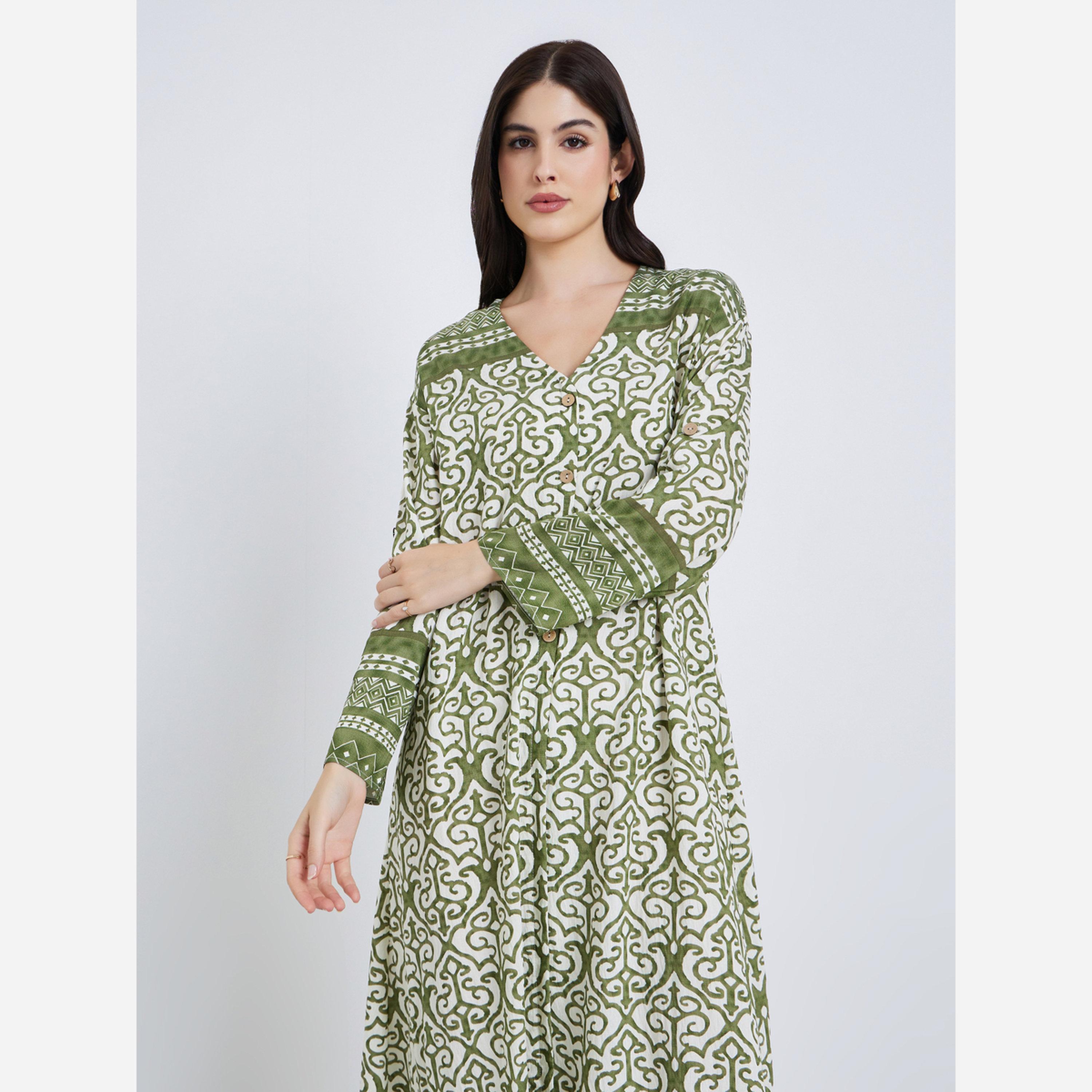 Styli Women Green Maxi Jalabiya with Border Print-women-arabicclothing-jalabiyas-image-4