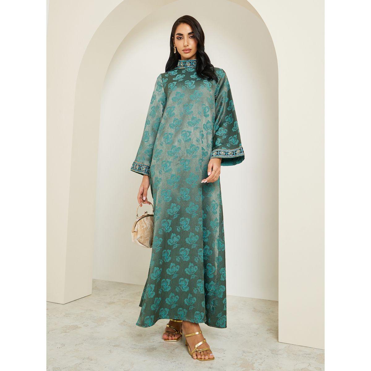 أميرة x ستايلي جلابية جاكار بياقة قائمة وتفاصيل دانتيل-women-arabicclothing-jalabiyas-image-1
