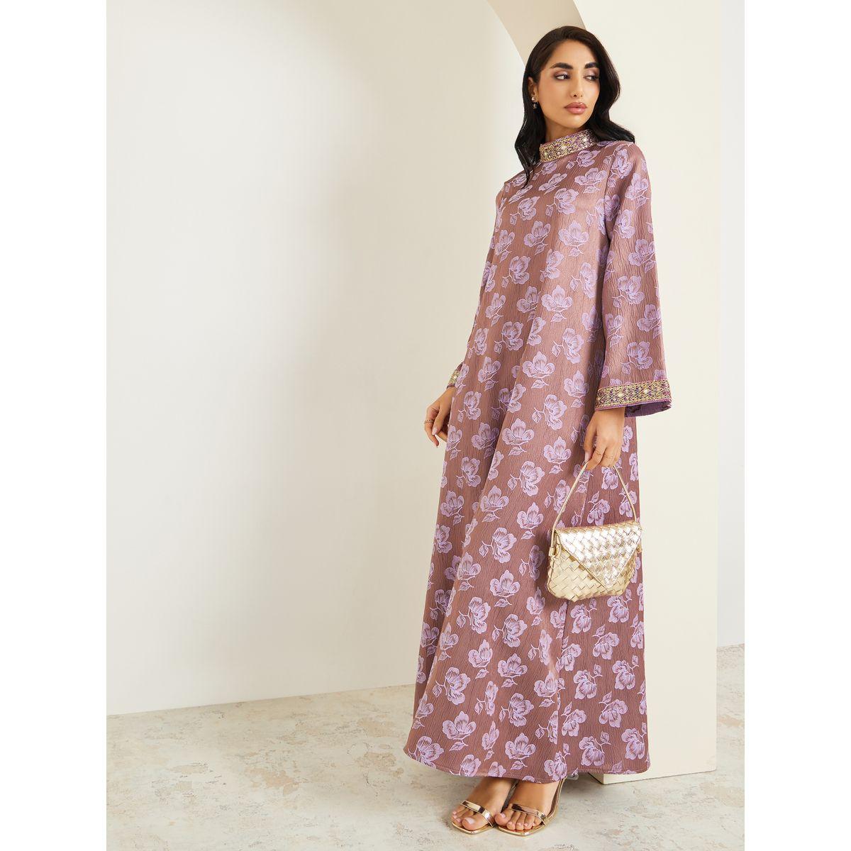 جلابية جاكار بياقة قائمة وتفاصيل دانتيل-women-arabicclothing-jalabiyas-image-1