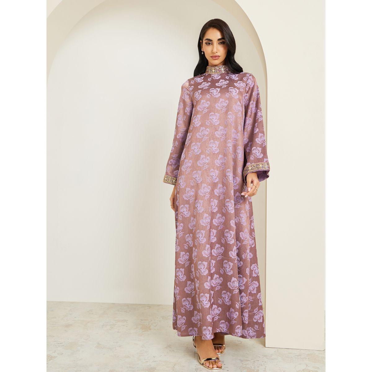 جلابية جاكار بياقة قائمة وتفاصيل دانتيل-women-arabicclothing-jalabiyas-image-3