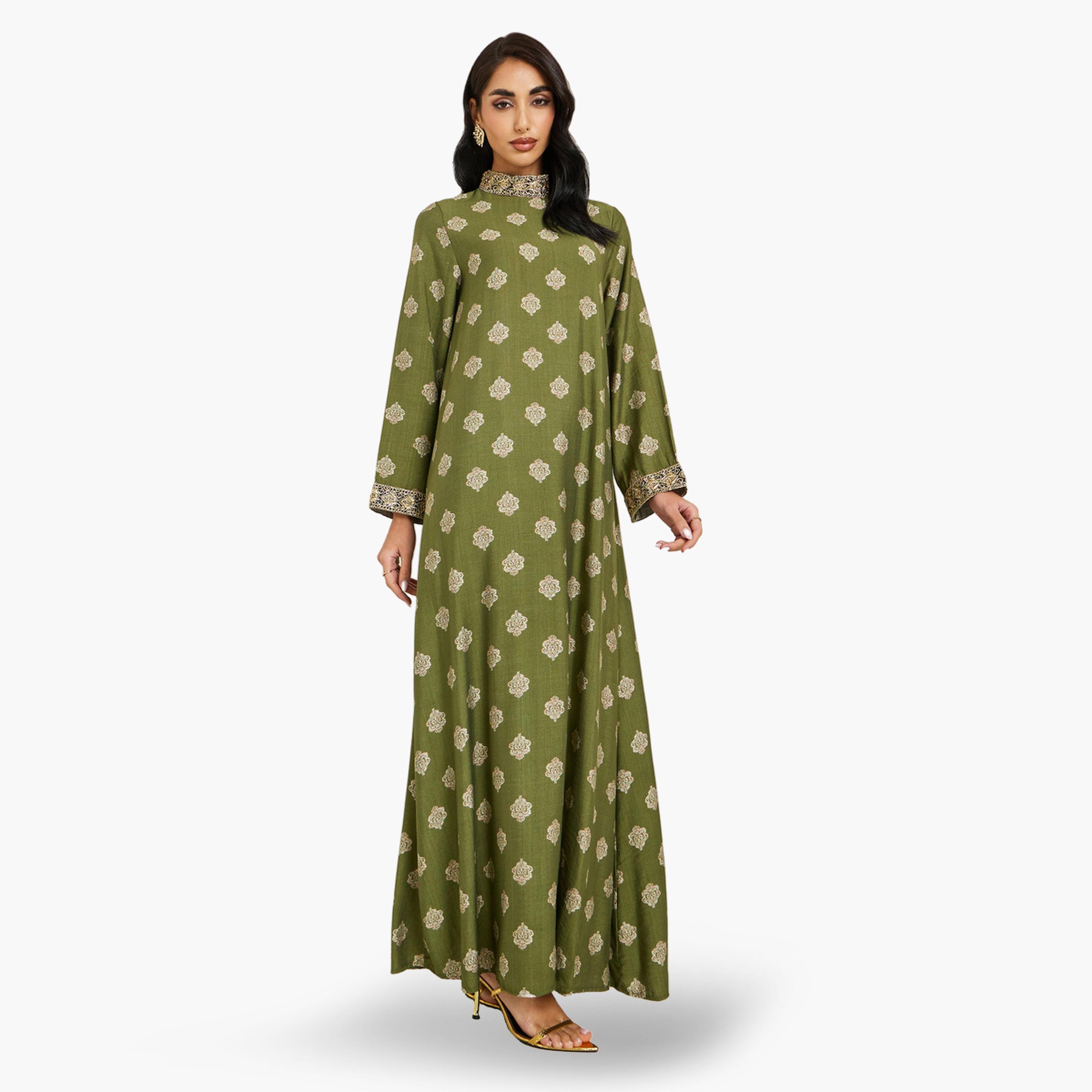 أميرة x ستايلي جلابية مطبوعة بياقة قائمة وتفاصيل دانتيل-women-arabicclothing-jalabiyas-image-1