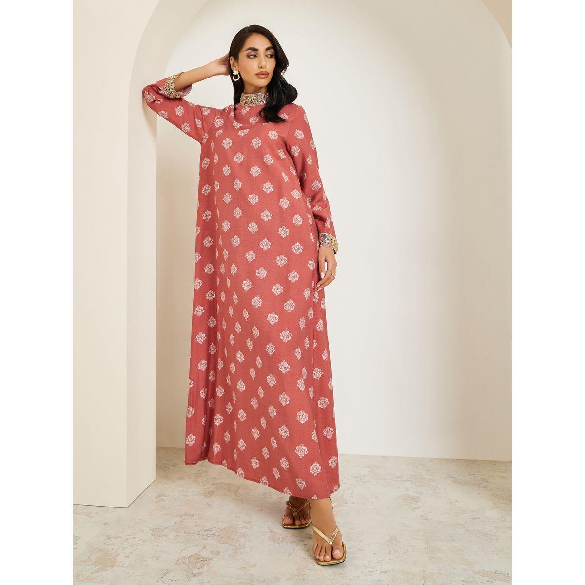 أميرة x ستايلي جلابية مطبوعة بياقة قائمة وتفاصيل دانتيل-women-arabicclothing-jalabiyas-image-3