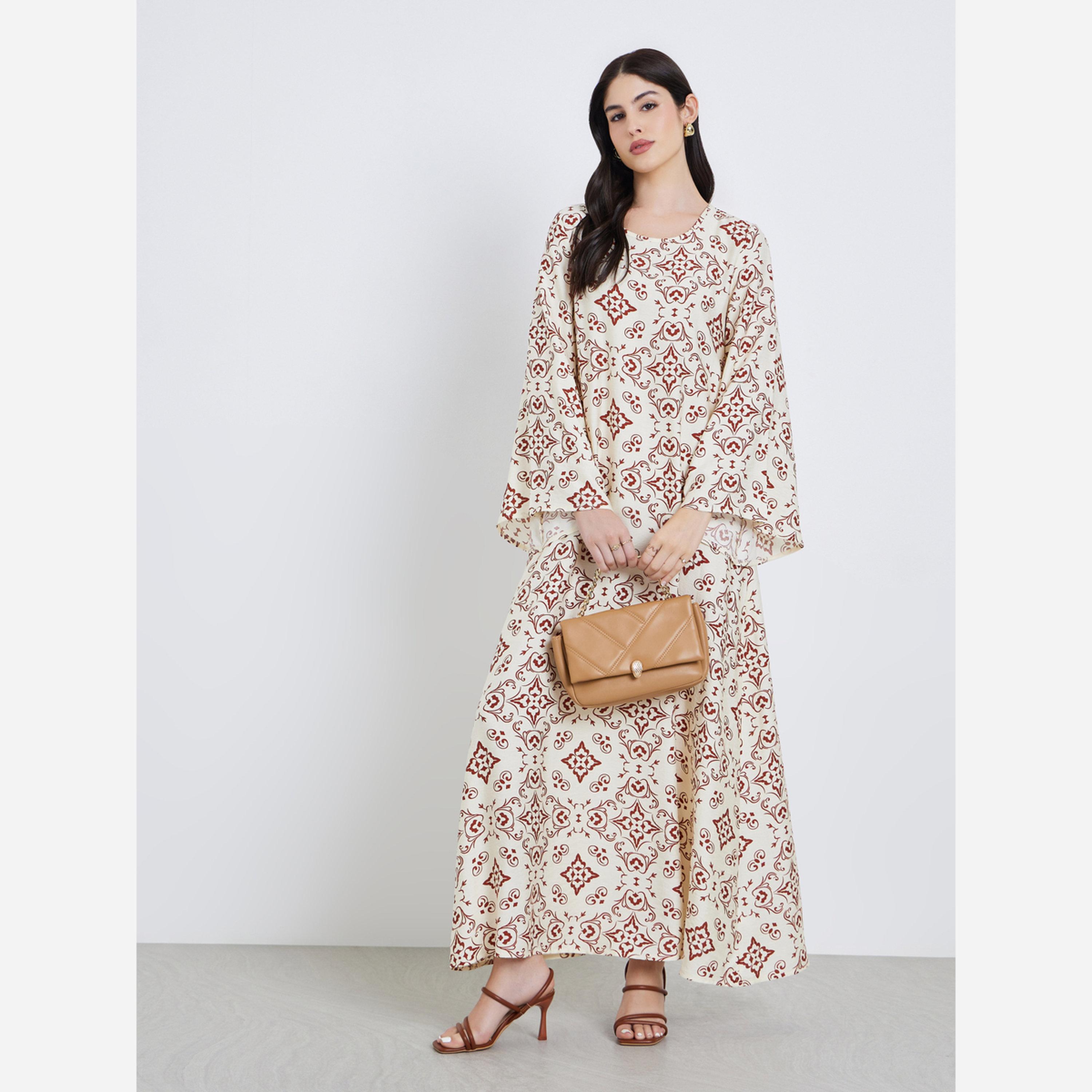 Amirah X Styli all over print jalabiya with flared sleeve. Back neckline with teardrop button-women-arabicclothing-jalabiyas-image-1