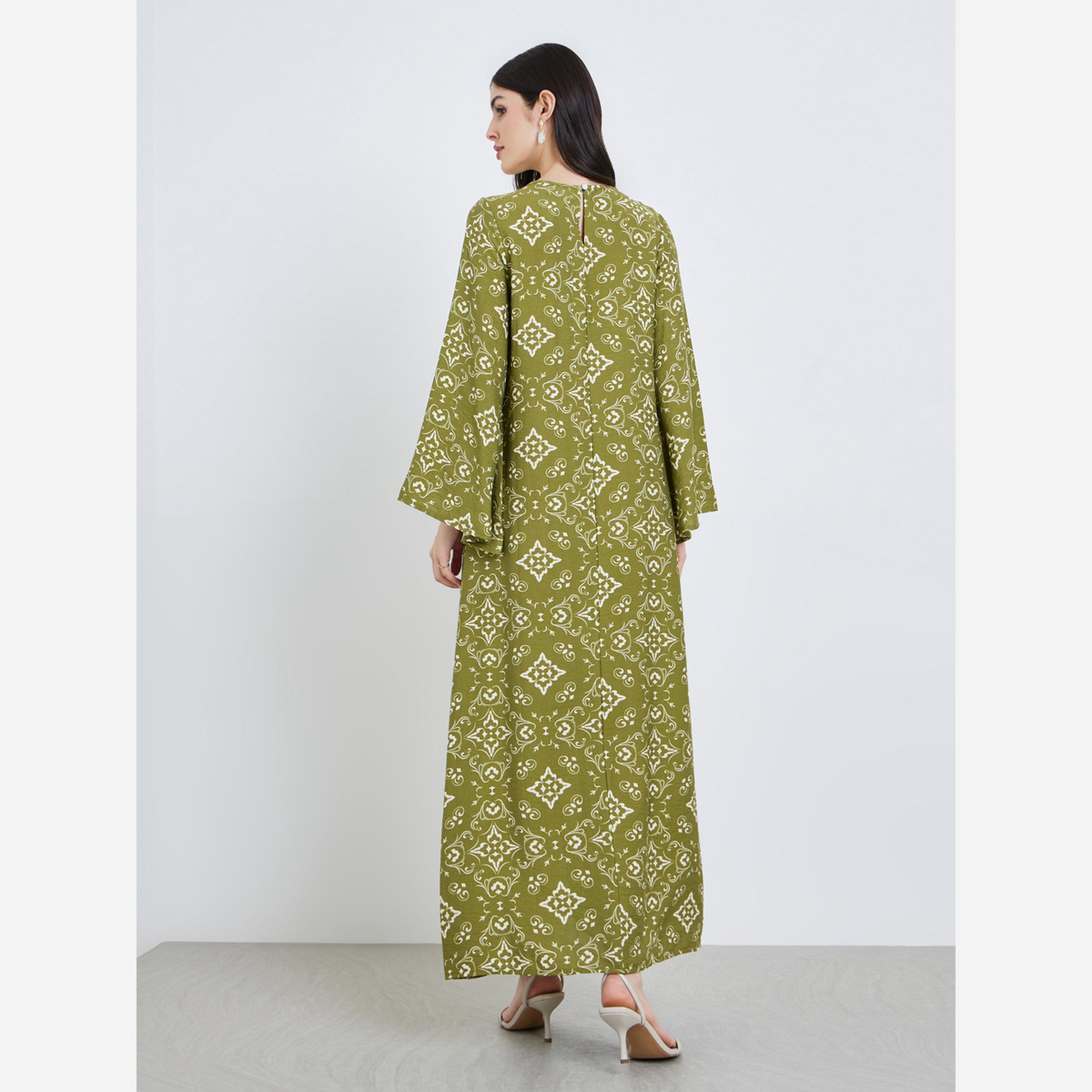 ستايلي - جلابية بطبعة أكمام واسعة ورقبة خلفية بزر على شكل دمعة-women-arabicclothing-jalabiyas-image-3