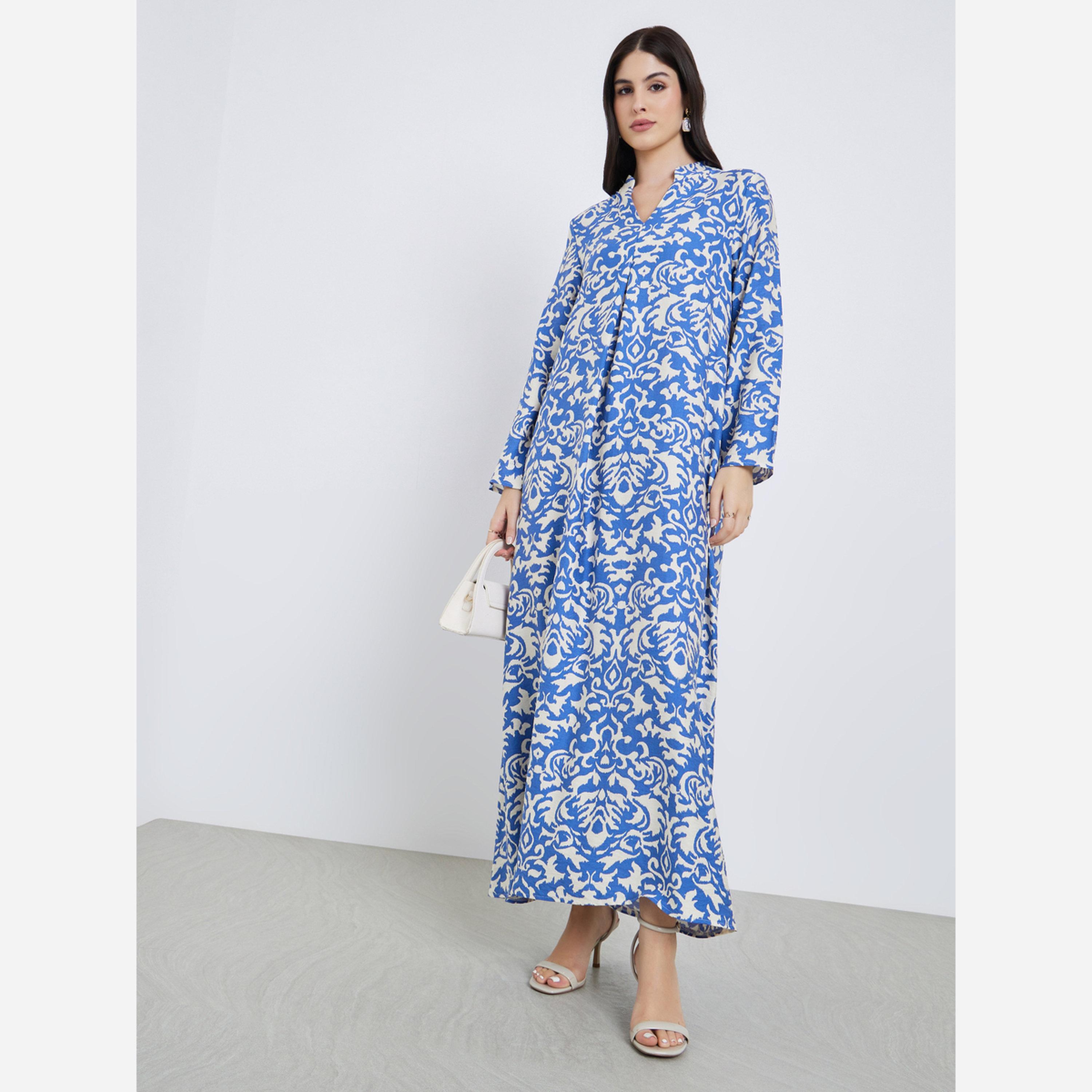 Styli All over print jalabiya with stand collar and center front pleat-women-arabicclothing-jalabiyas-image-1