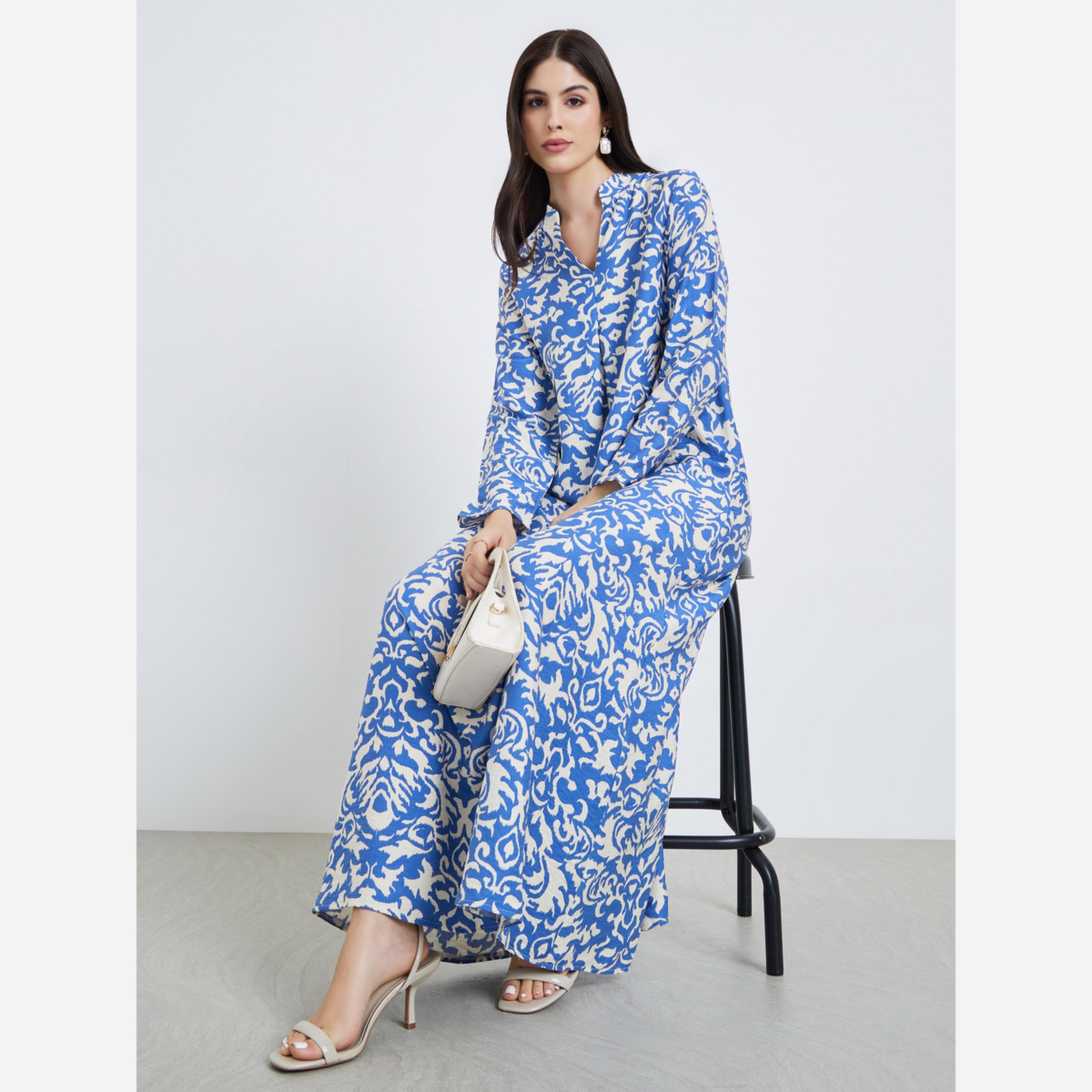 ستايلي - جلابية بطبعة ياقة عالية وكسرات طولية في الأمام-women-arabicclothing-jalabiyas-image-2