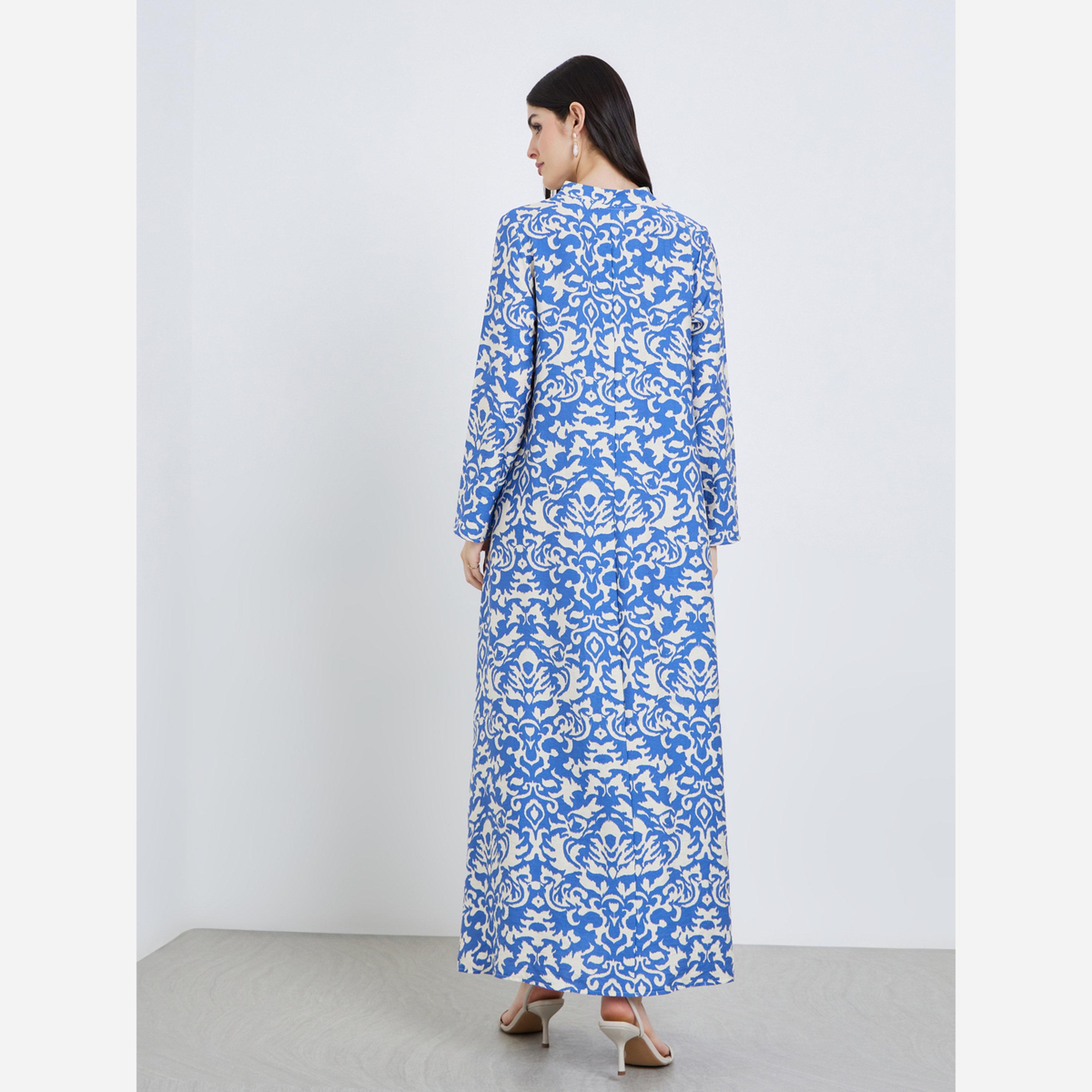 Styli All over print jalabiya with stand collar and center front pleat-women-arabicclothing-jalabiyas-image-3