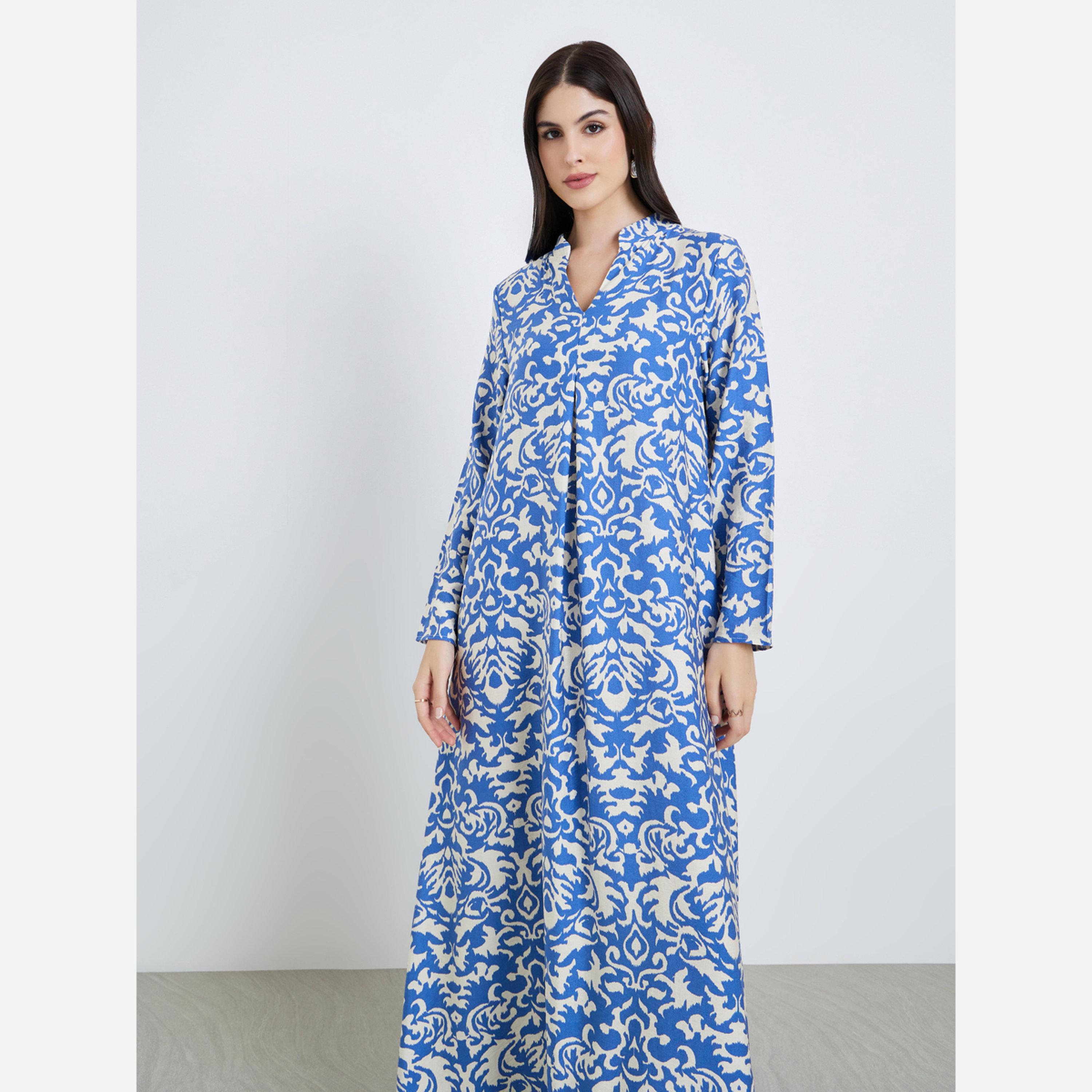 Styli All over print jalabiya with stand collar and center front pleat-women-arabicclothing-jalabiyas-image-4