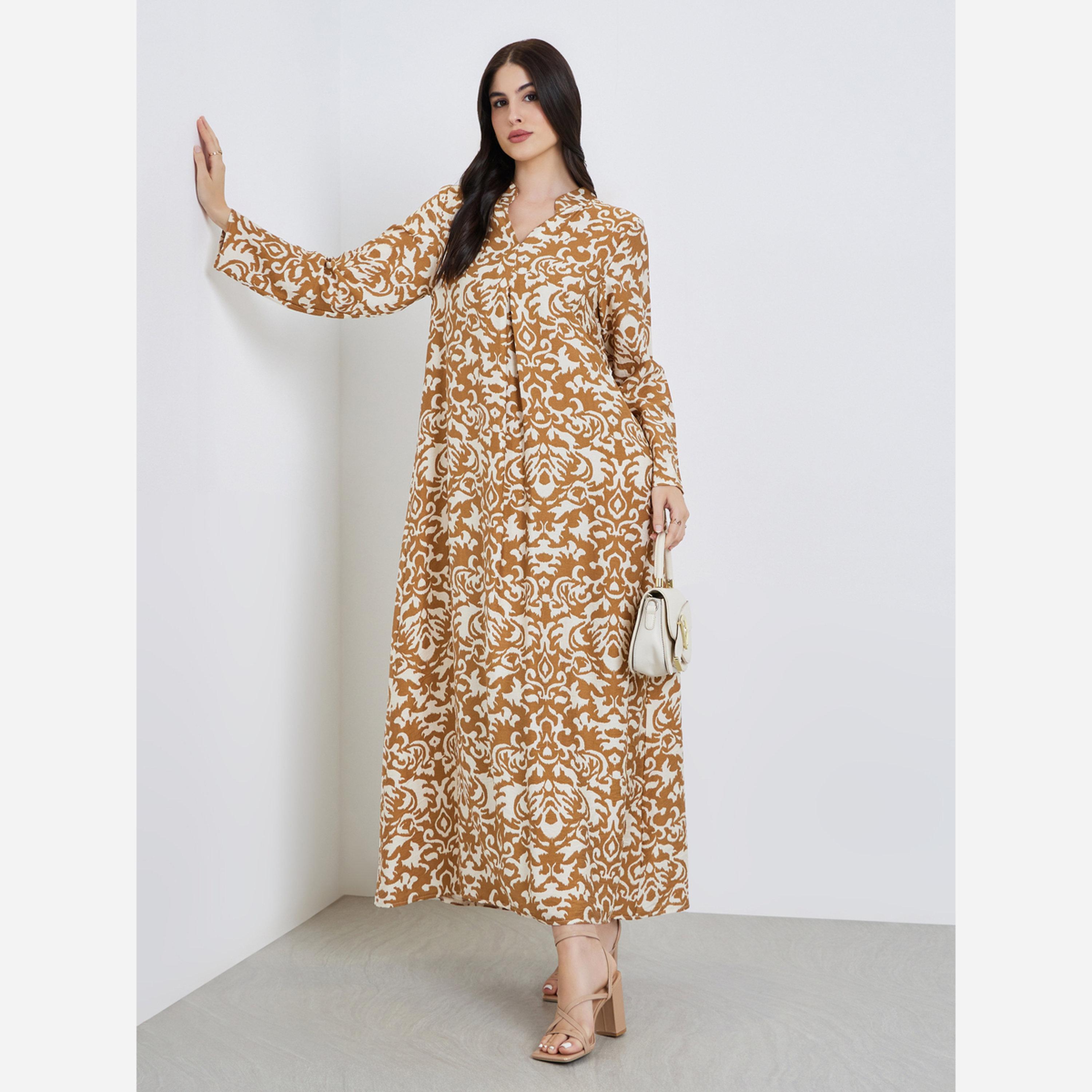 Styli All over print jalabiya with stand collar and center front pleat-women-arabicclothing-jalabiyas-image-1