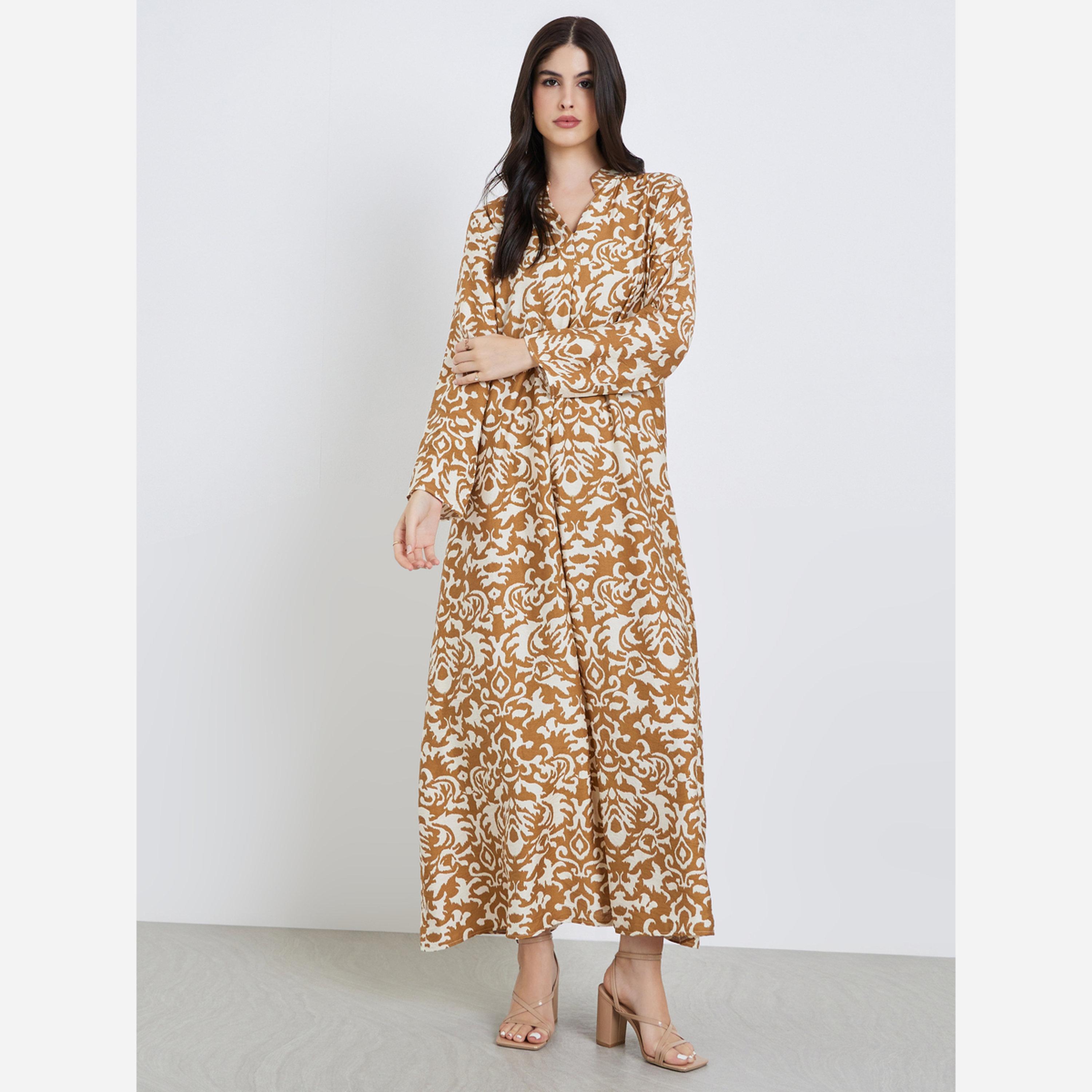 Styli All over print jalabiya with stand collar and center front pleat-women-arabicclothing-jalabiyas-image-2