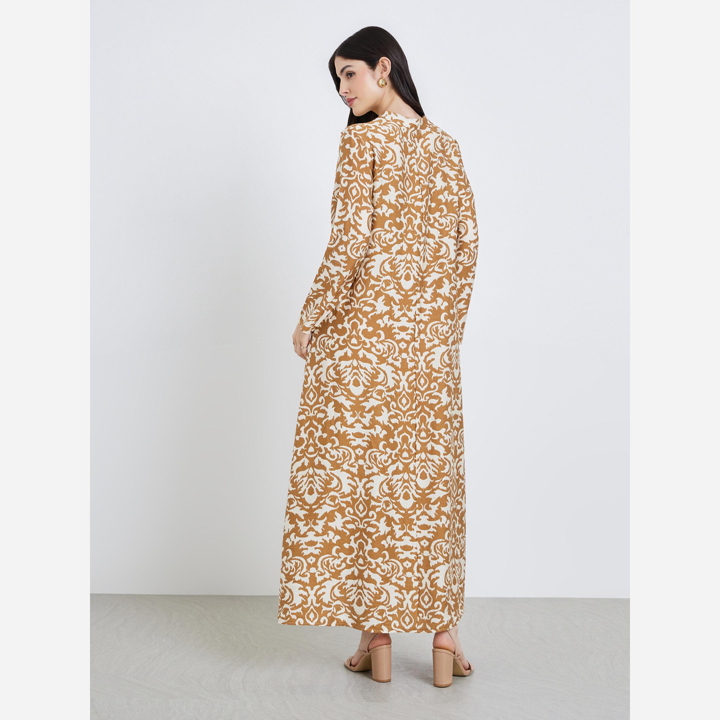 Styli All over print jalabiya with stand collar and center front pleat-women-arabicclothing-jalabiyas-image-3