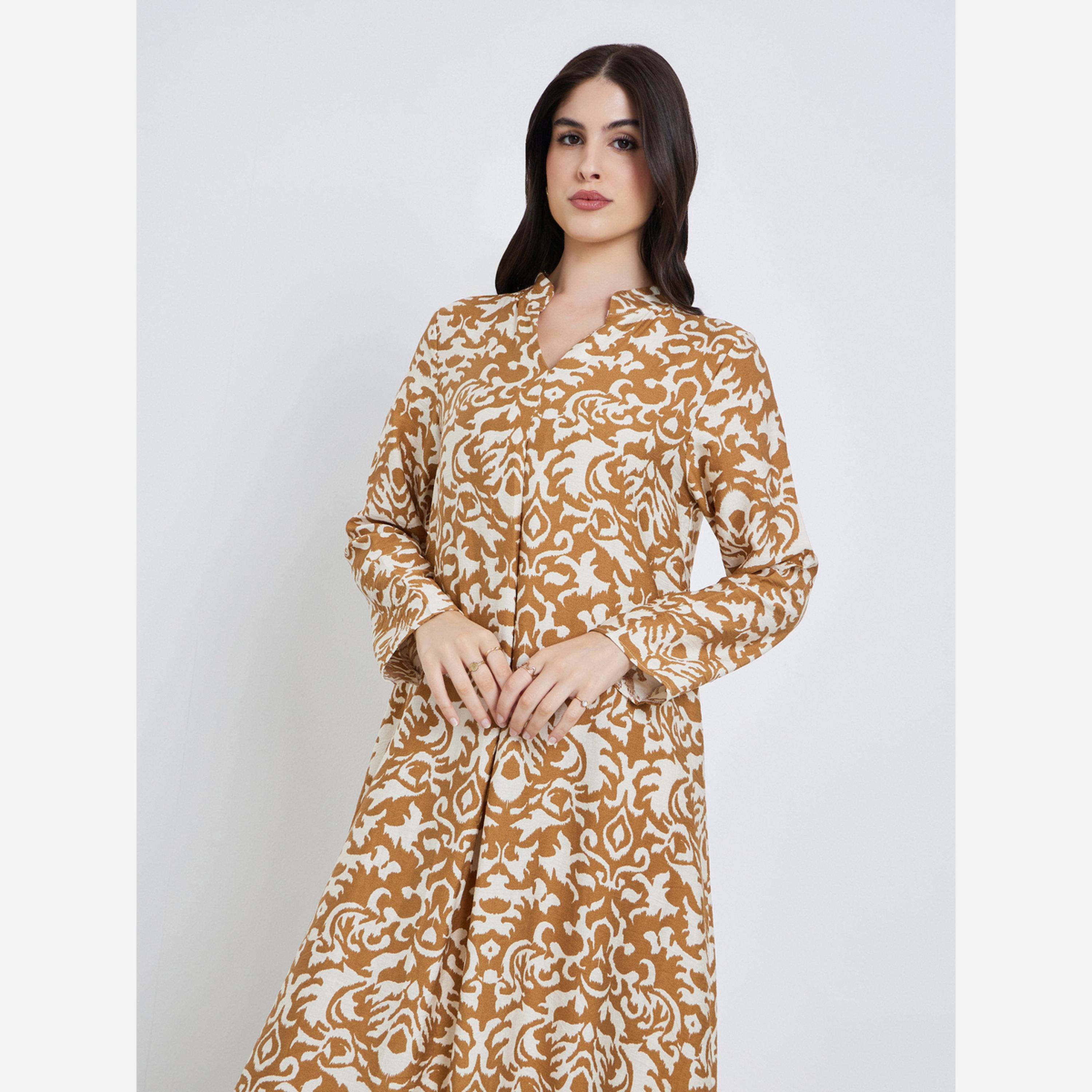 Styli All over print jalabiya with stand collar and center front pleat-women-arabicclothing-jalabiyas-image-4