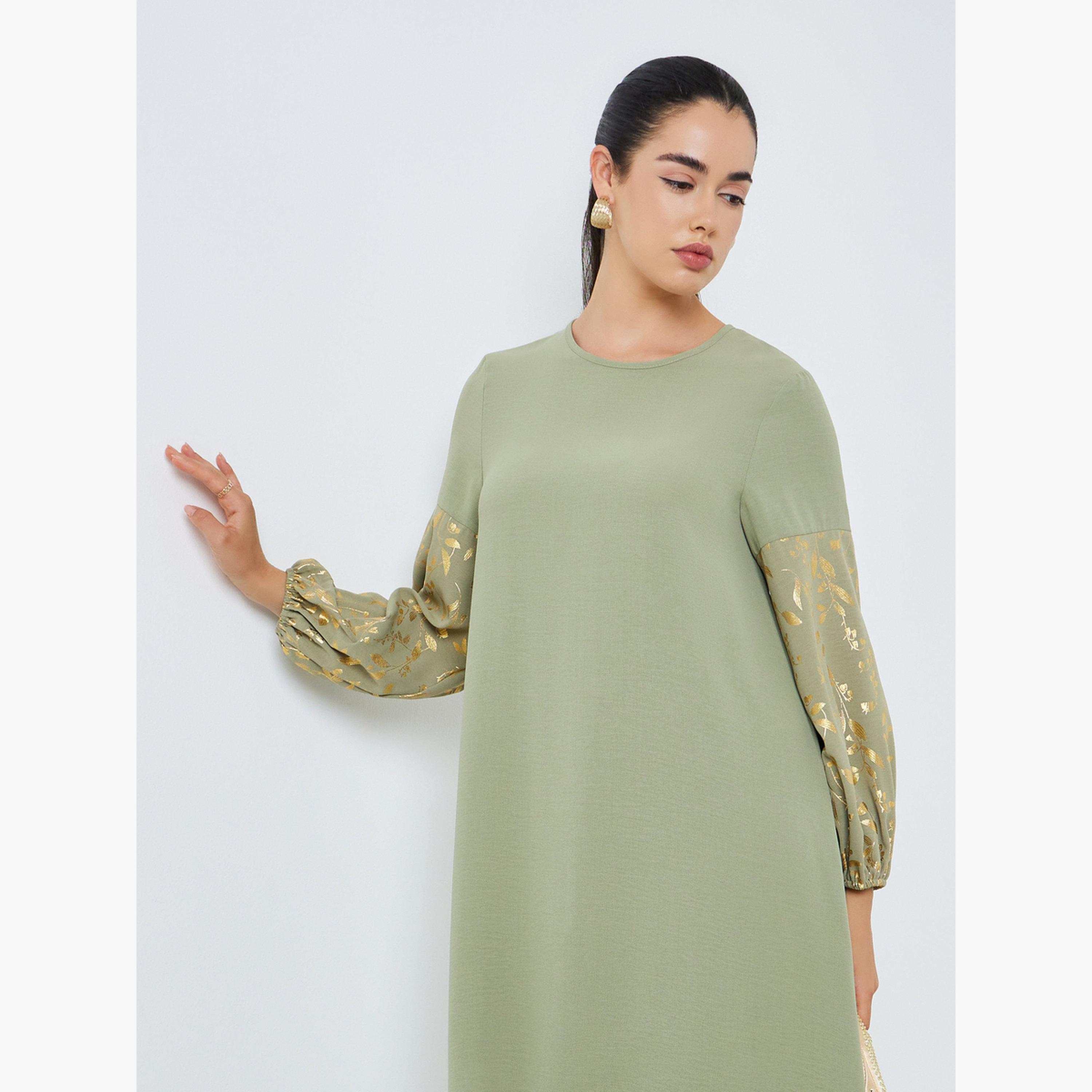 Styli Women Green Foil Print A-Line Jalabiya-women-arabicclothing-jalabiyas-image-2