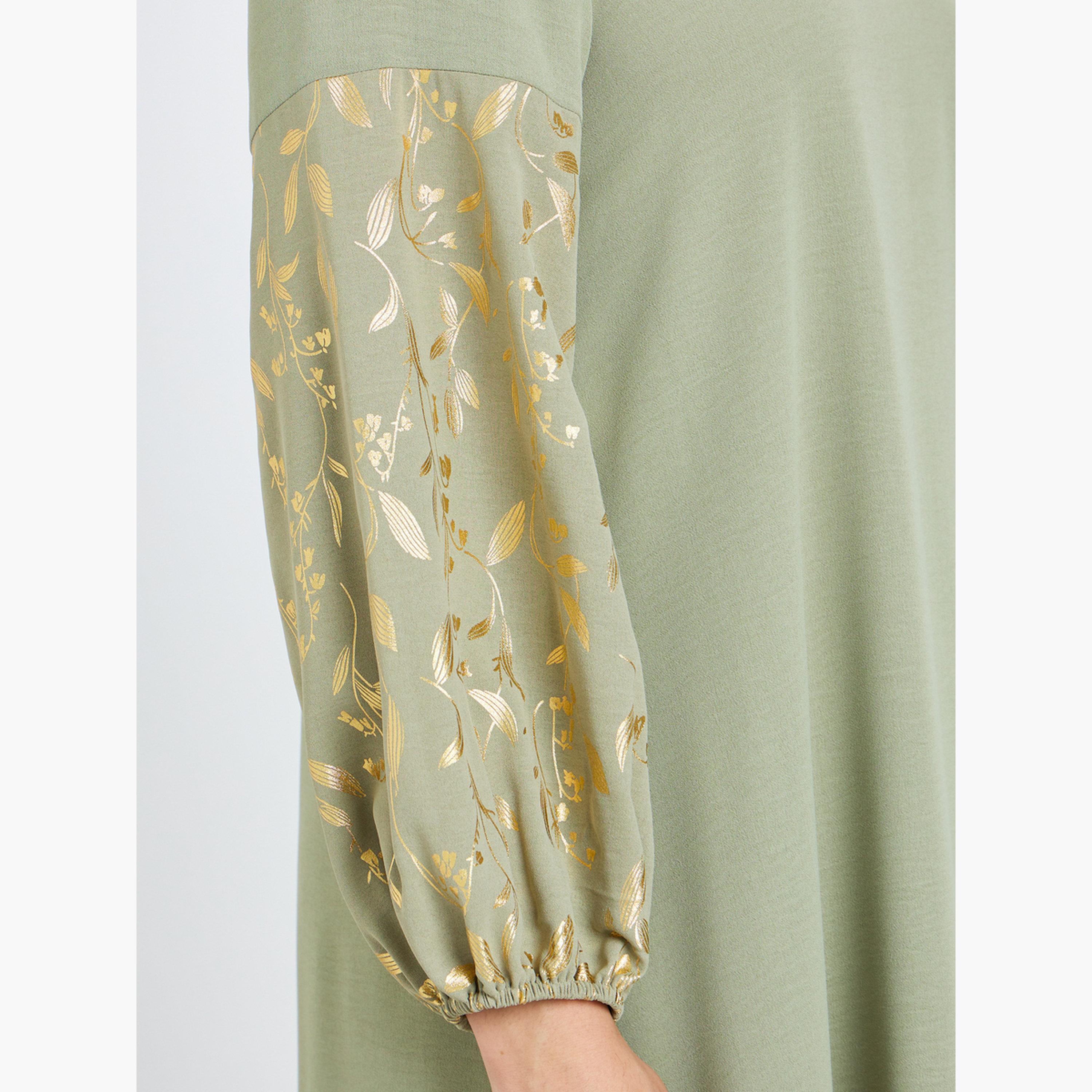 Styli Women Green Foil Print A-Line Jalabiya-women-arabicclothing-jalabiyas-image-4