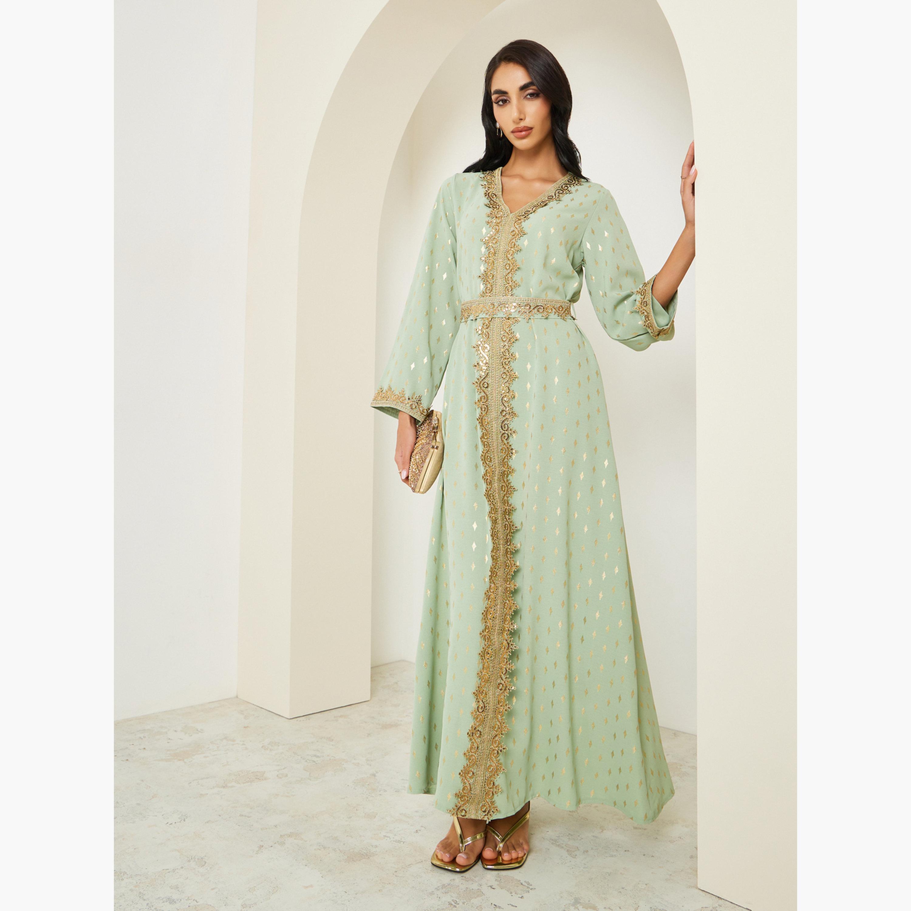 Styli Women Green Embroidered A-Line Kaftan-women-arabicclothing-kaftan-image-1