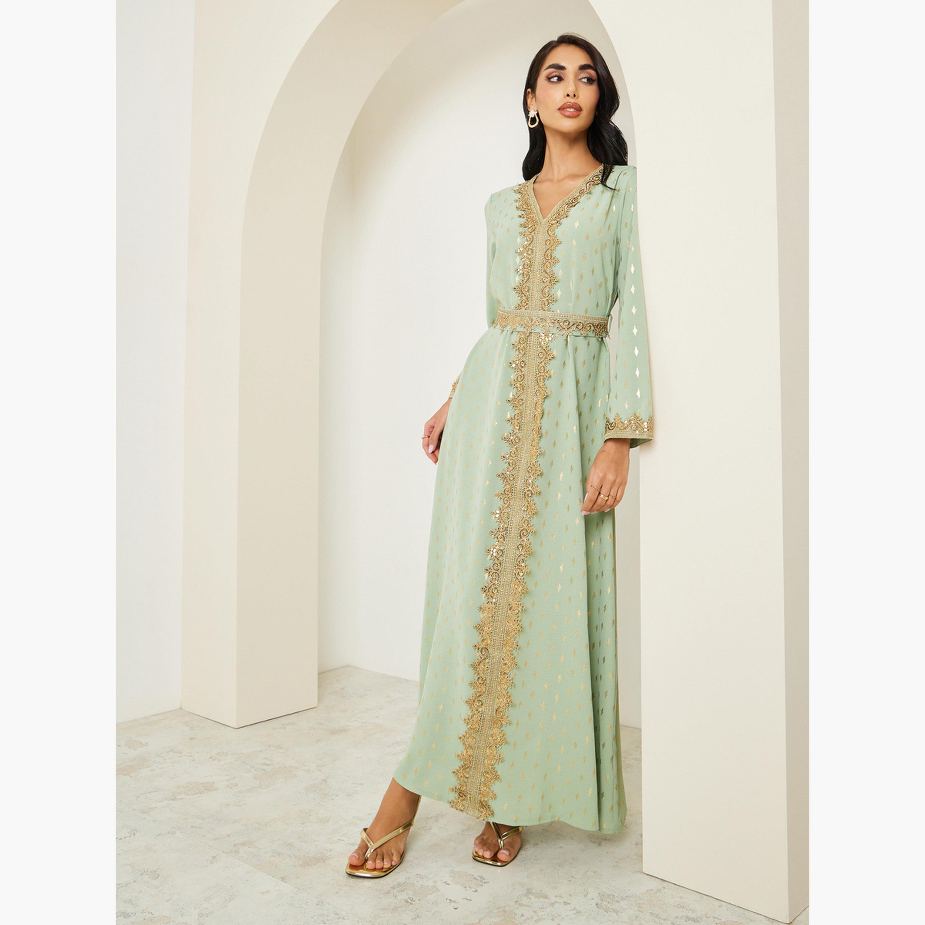 Styli Women Green Embroidered A-Line Kaftan-women-arabicclothing-kaftan-image-3