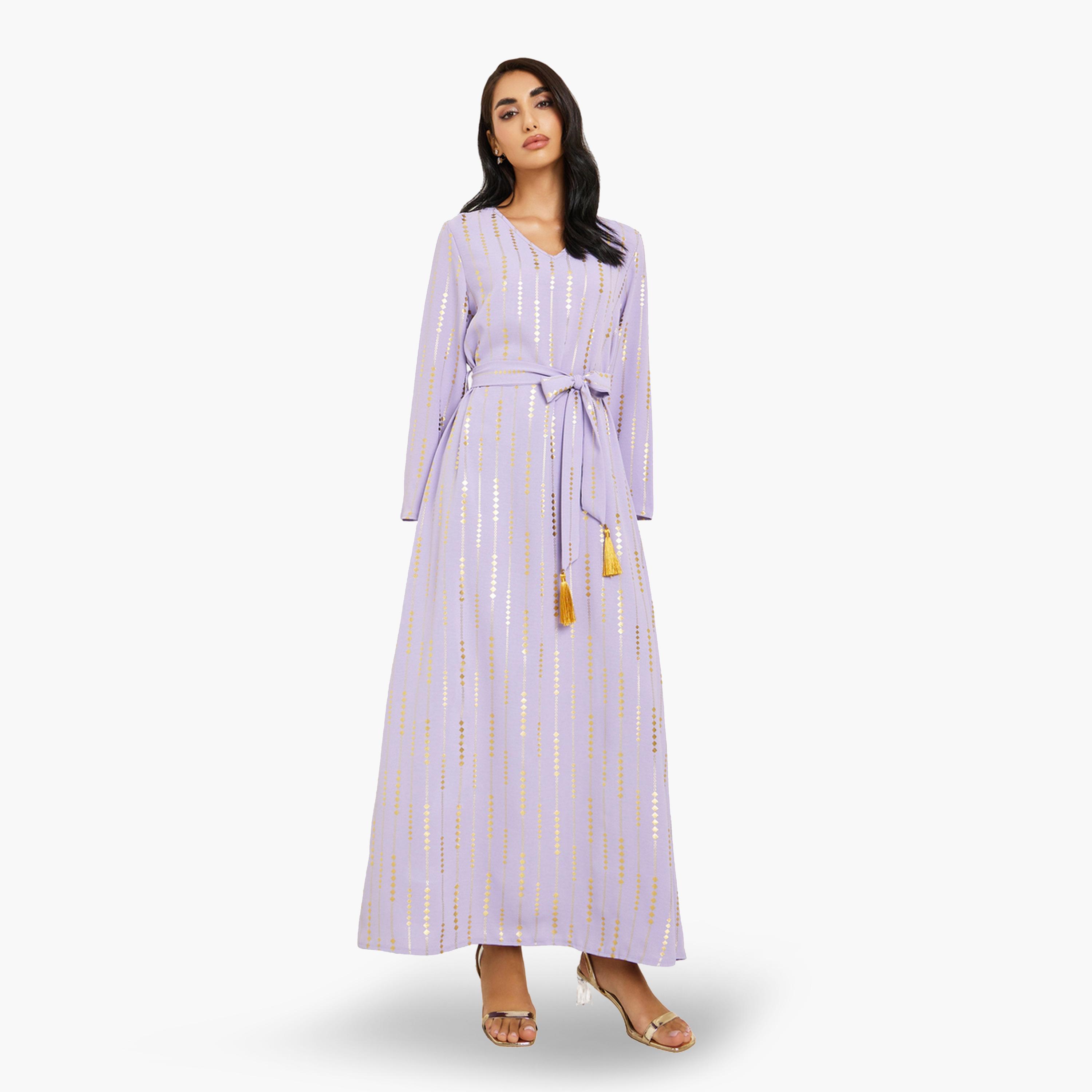 Styli Women Foil Print Jalabiya with Tassel Trim Belt-women-arabicclothing-jalabiyas-image-1