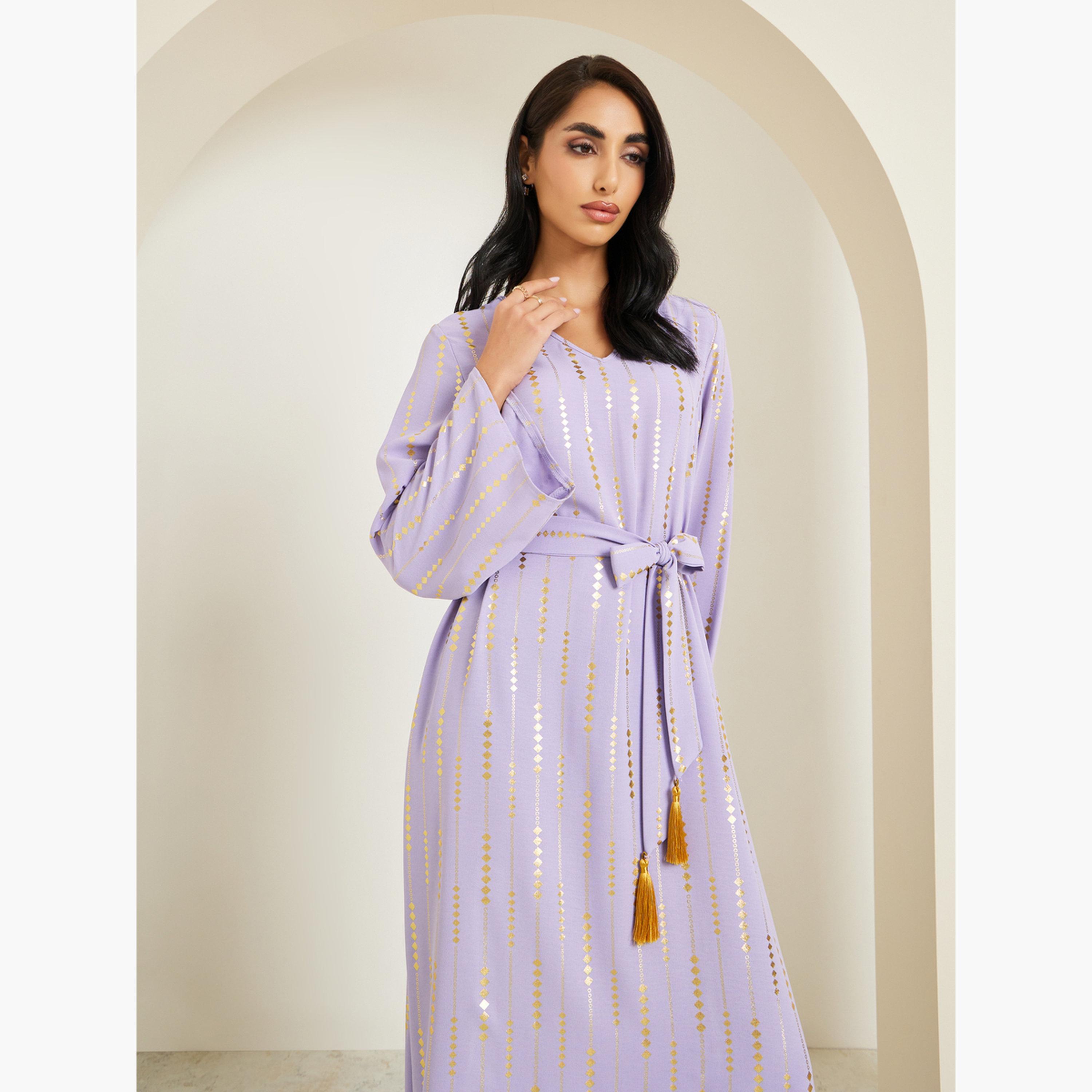 جلابية بطبعة فويل وحزام بشرابات-women-arabicclothing-jalabiyas-image-2