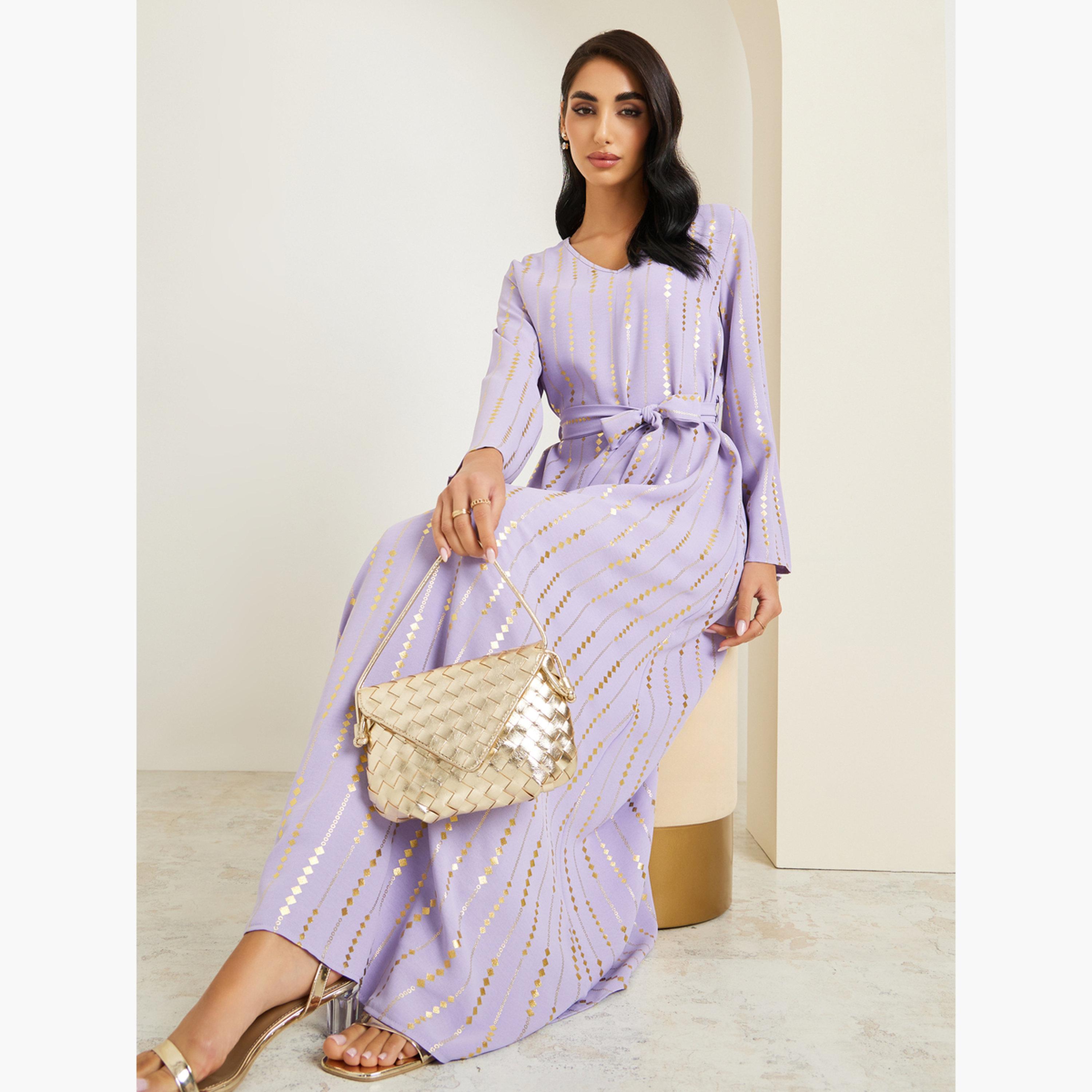 جلابية بطبعة فويل وحزام بشرابات-women-arabicclothing-jalabiyas-image-3