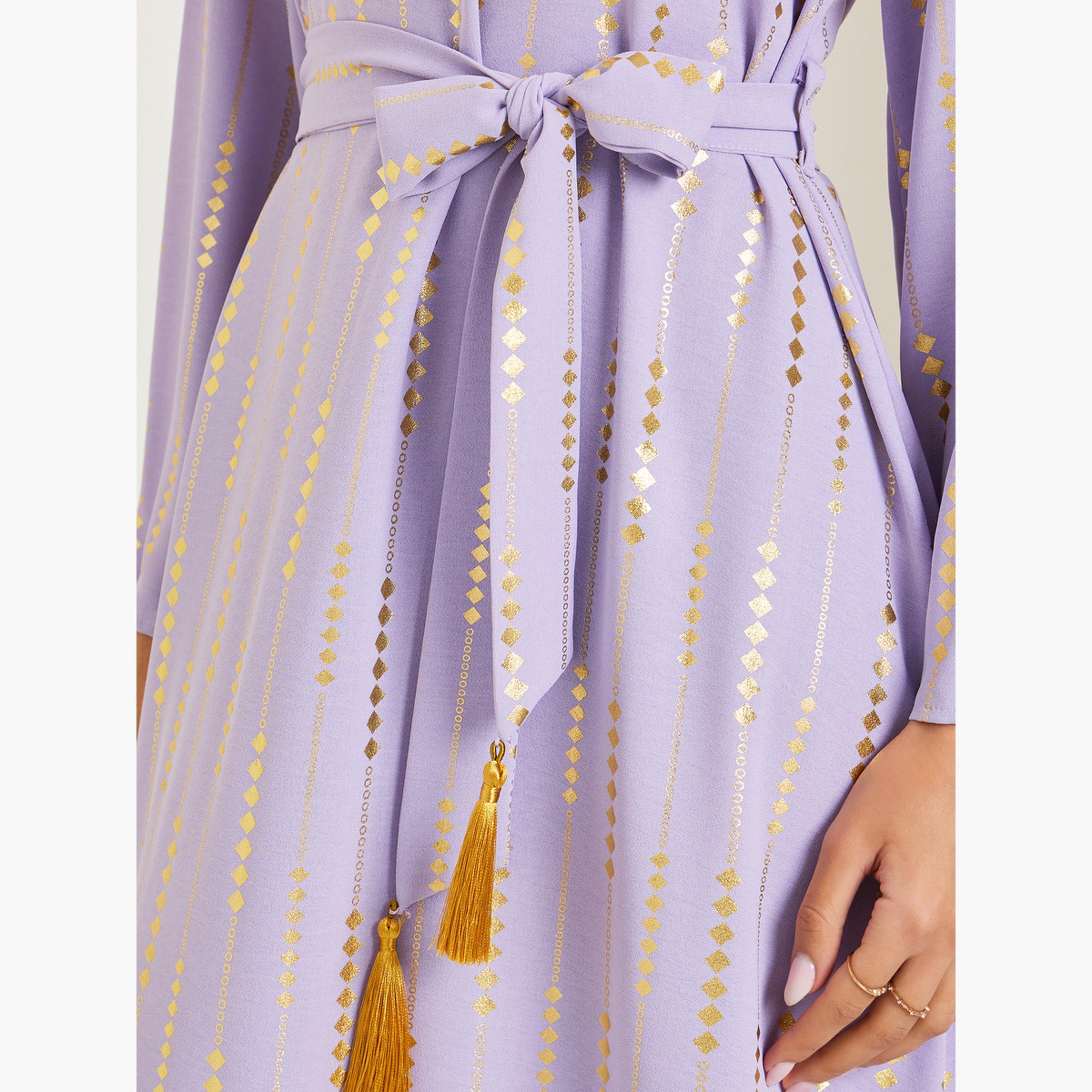 جلابية بطبعة فويل وحزام بشرابات-women-arabicclothing-jalabiyas-image-4