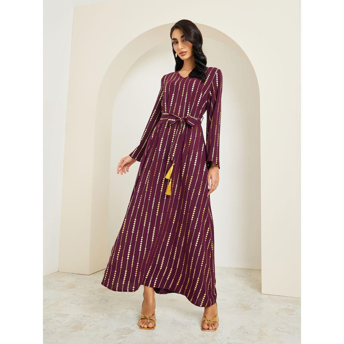 Styli Women Foil Print Jalabiya with Tassel Trim Belt-women-arabicclothing-jalabiyas-image-1