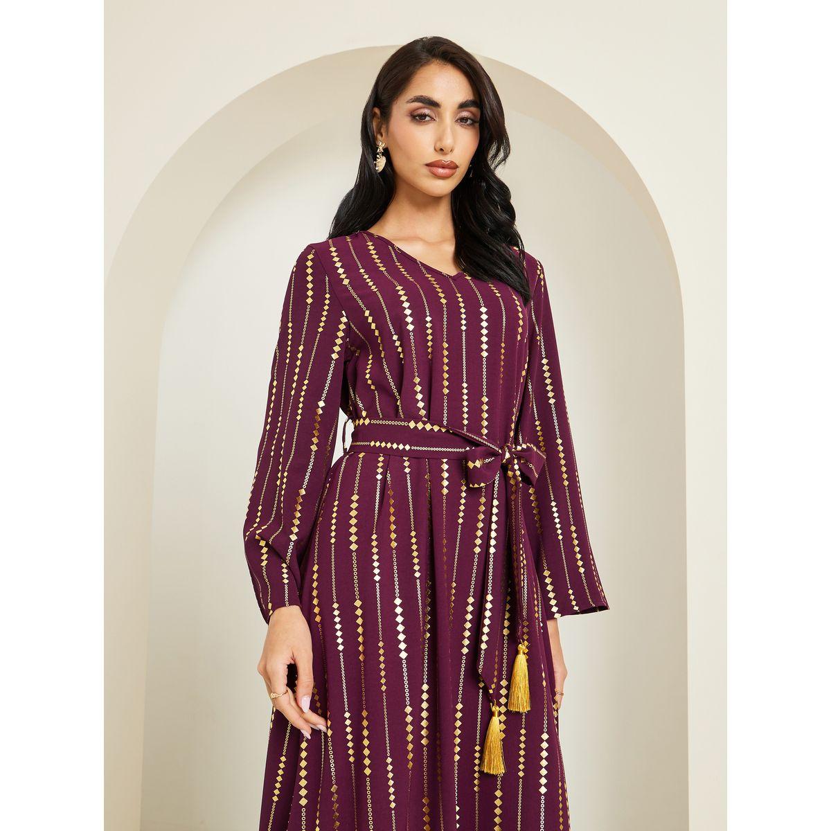 جلابية بطبعة فويل وحزام بشرابات-women-arabicclothing-jalabiyas-image-2
