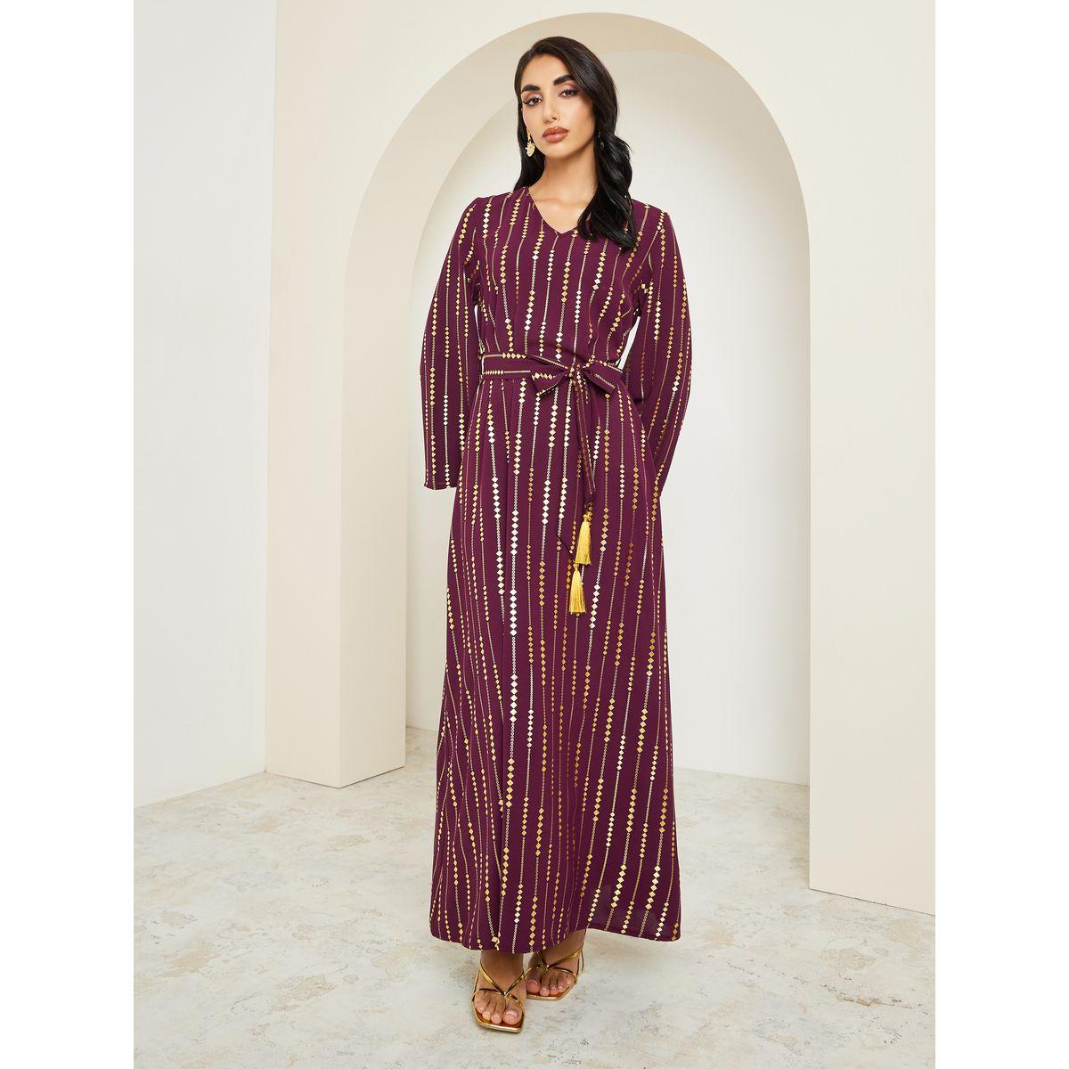 Styli Women Foil Print Jalabiya with Tassel Trim Belt-women-arabicclothing-jalabiyas-image-3
