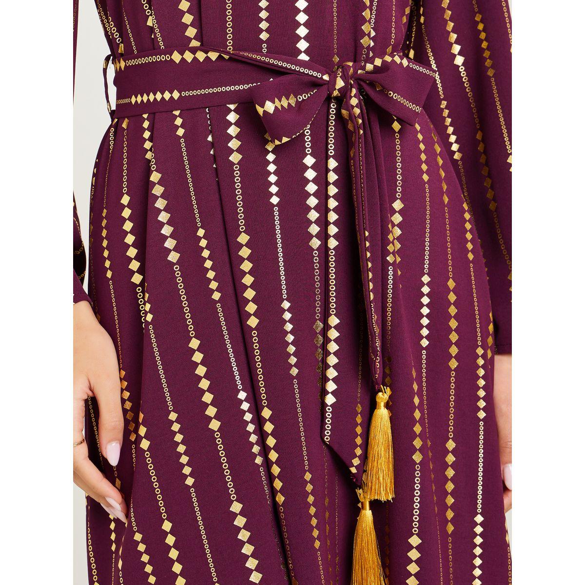 Styli Women Foil Print Jalabiya with Tassel Trim Belt-women-arabicclothing-jalabiyas-image-4