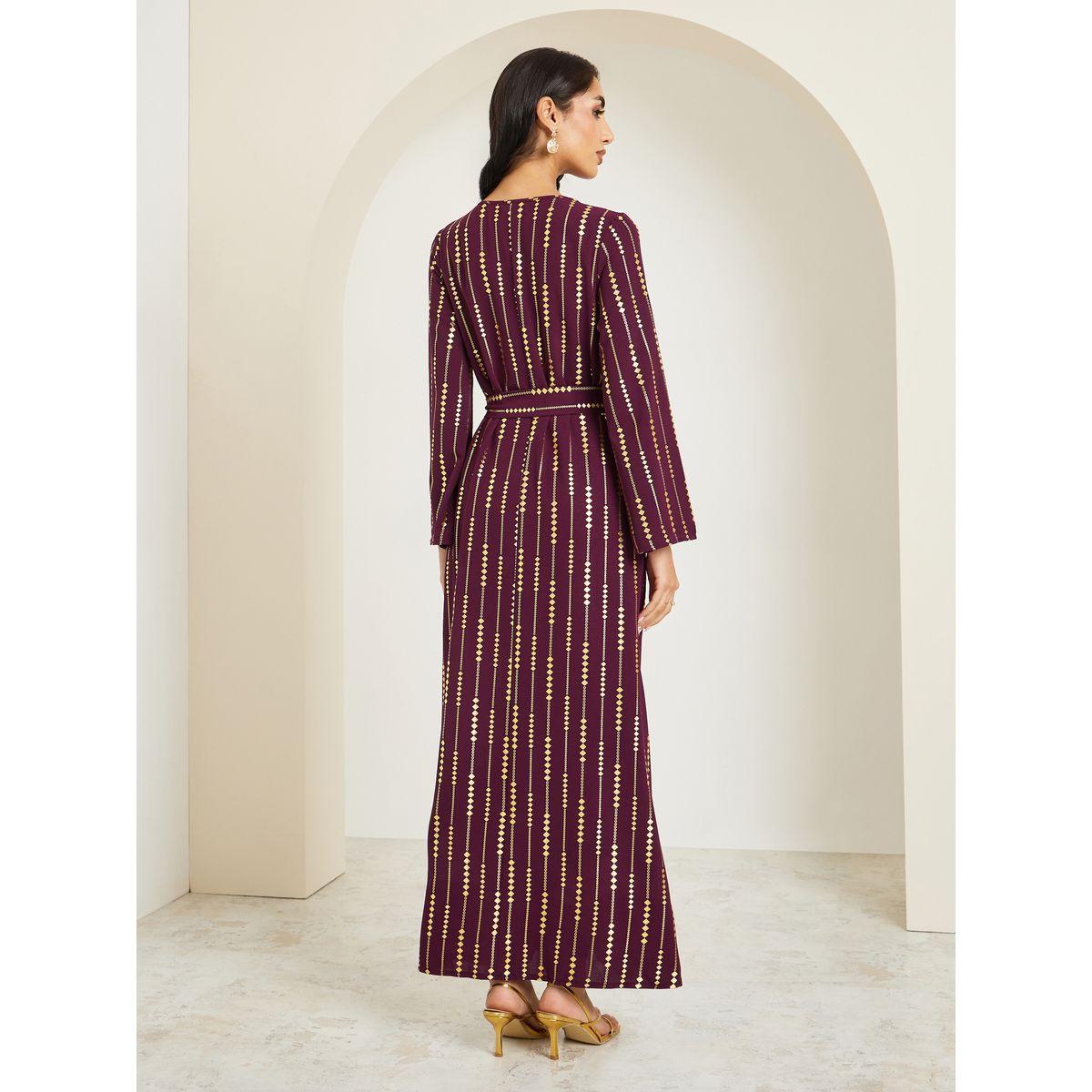 Styli Women Foil Print Jalabiya with Tassel Trim Belt-women-arabicclothing-jalabiyas-image-5