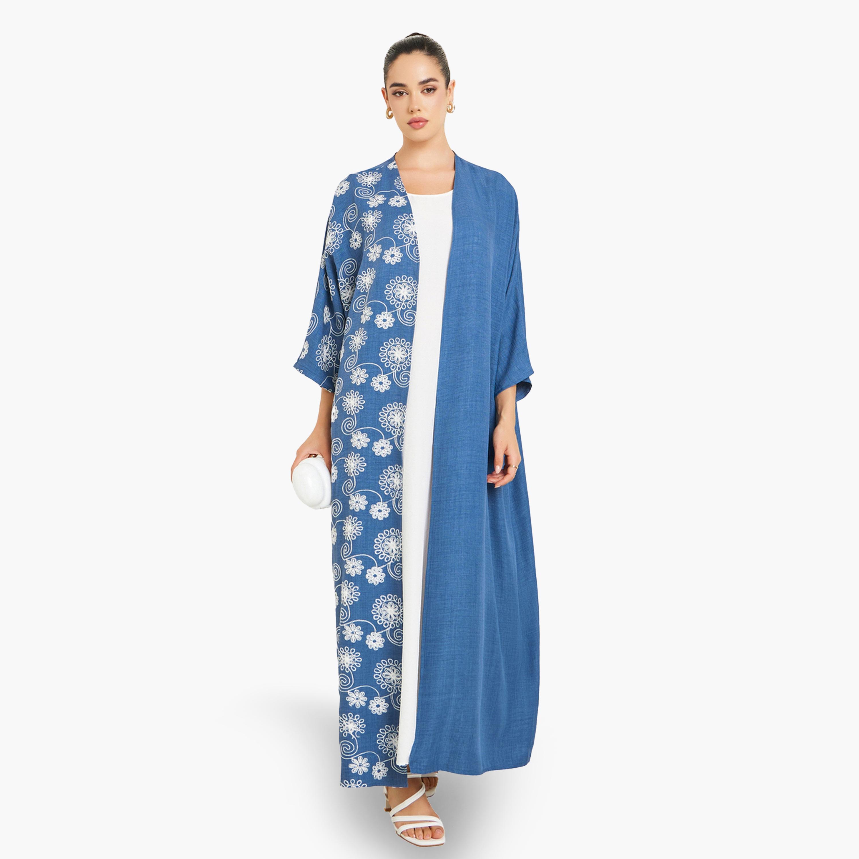 Amirah X Styli Women Blue Embroidered Batwing Sleeve Abaya-women-arabicclothing-abayas-image-1