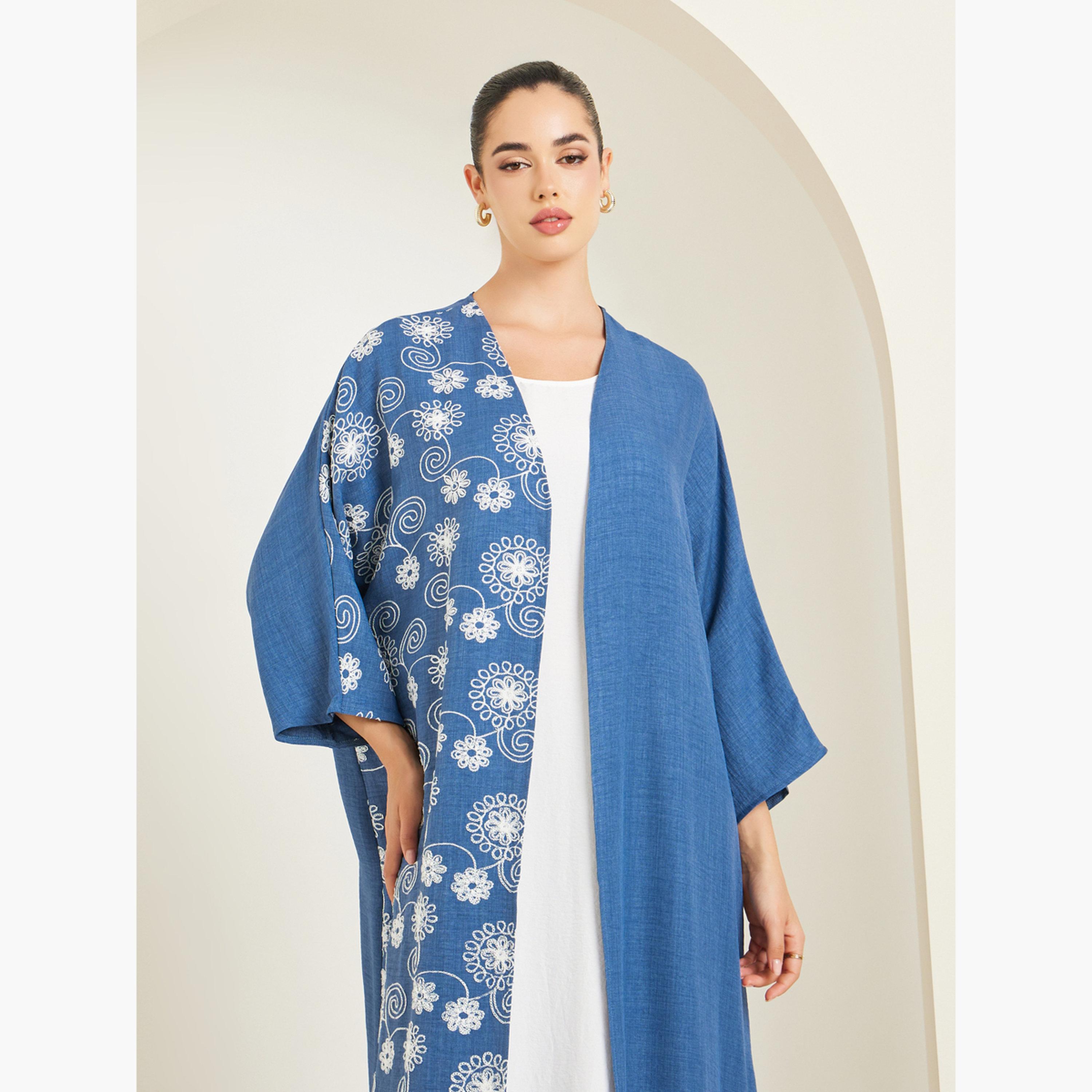 Amirah X Styli Women Blue Embroidered Batwing Sleeve Abaya-women-arabicclothing-abayas-image-2
