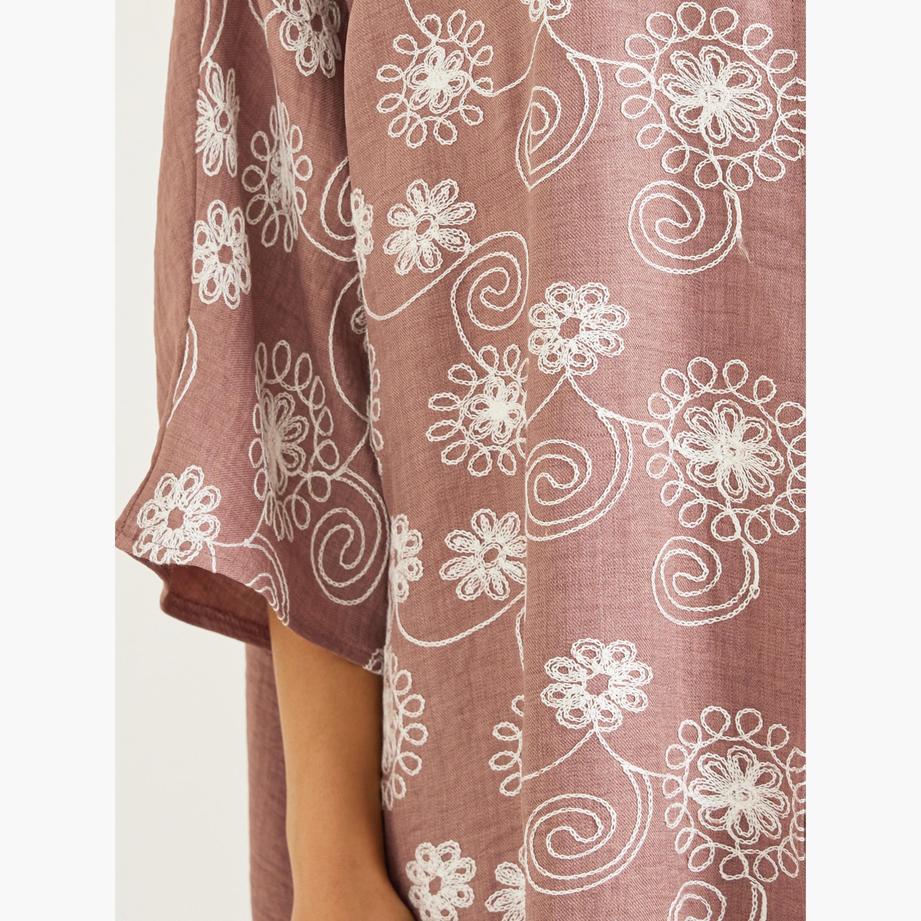 Styli Women Brown Embroidered Batwing Sleeve Abaya-women-arabicclothing-abayas-image-3