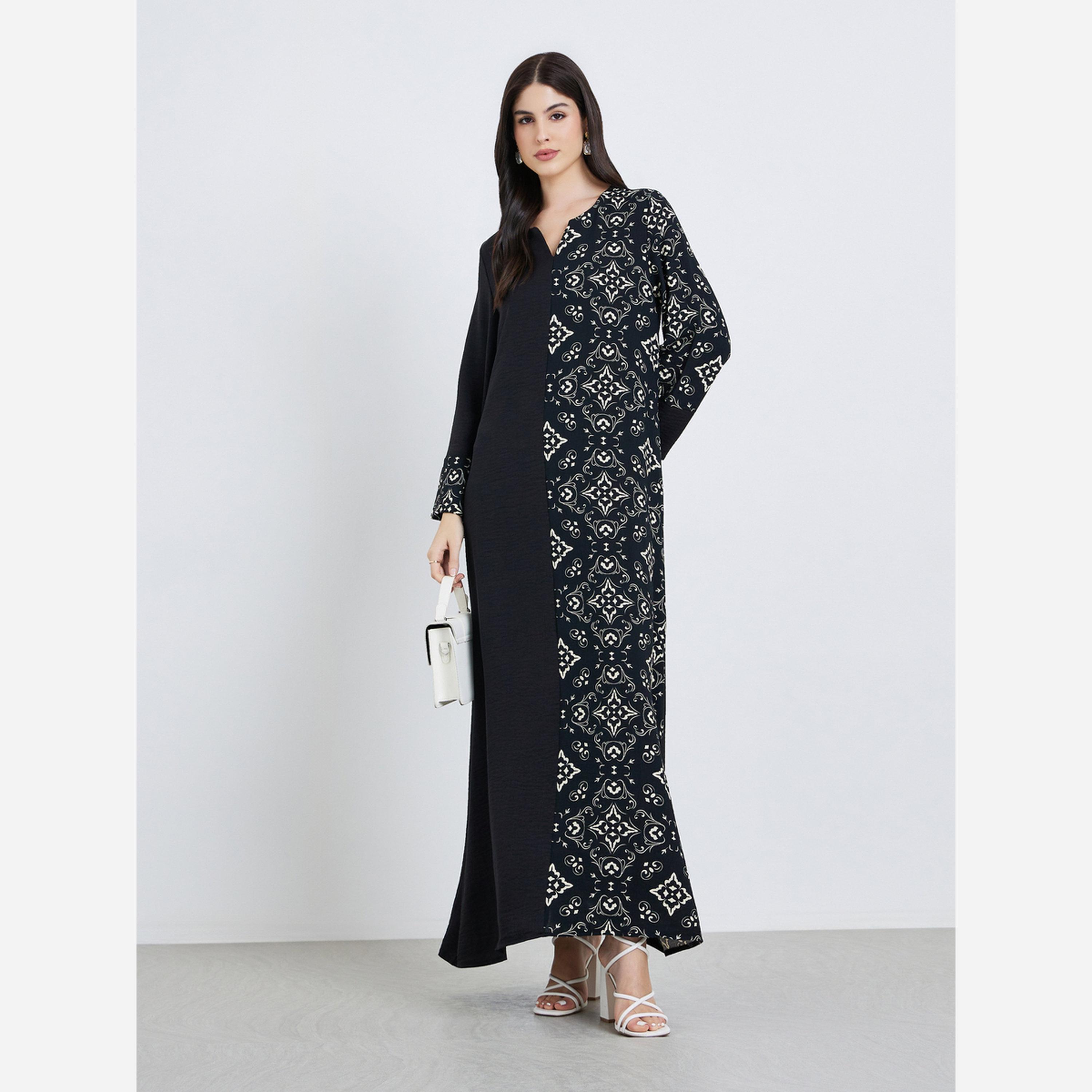 Styli Women Color Block Printed Panel Jalabiya-women-arabicclothing-jalabiyas-image-1