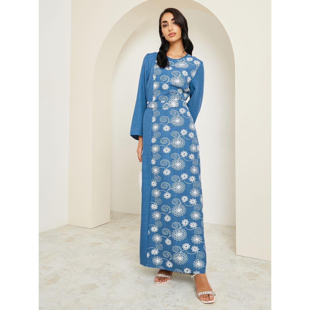 Amirah X Styli Women Blue Embroidered Belted Jalabiya-women-arabicclothing-jalabiyas-image-1