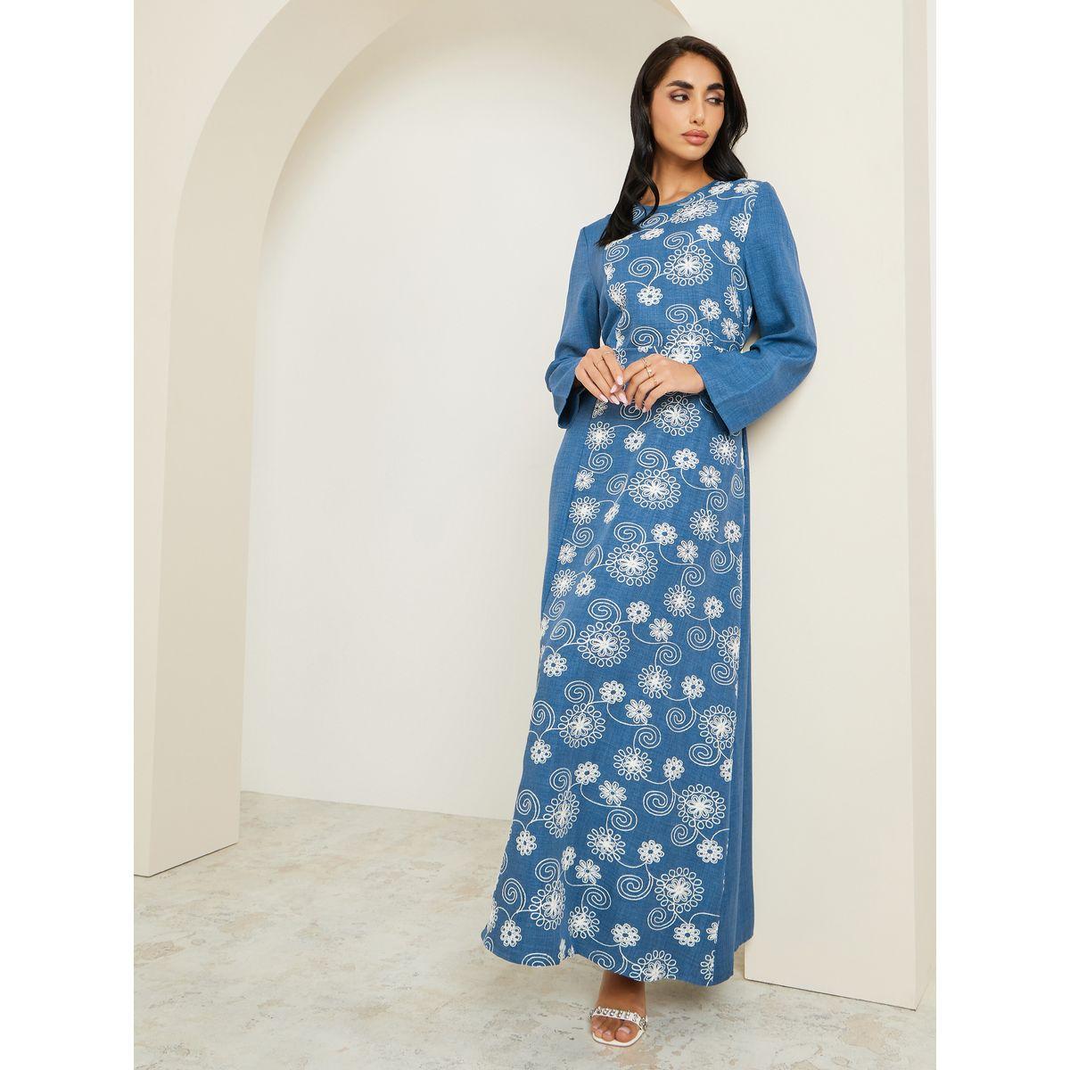 Amirah X Styli Women Blue Embroidered Belted Jalabiya-women-arabicclothing-jalabiyas-image-3